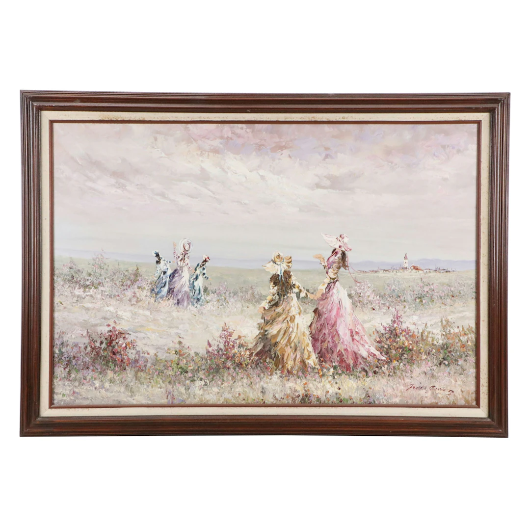 Marie Charlot Impressionistic Oil Painting of Women in Meadow, Mid-20th Century