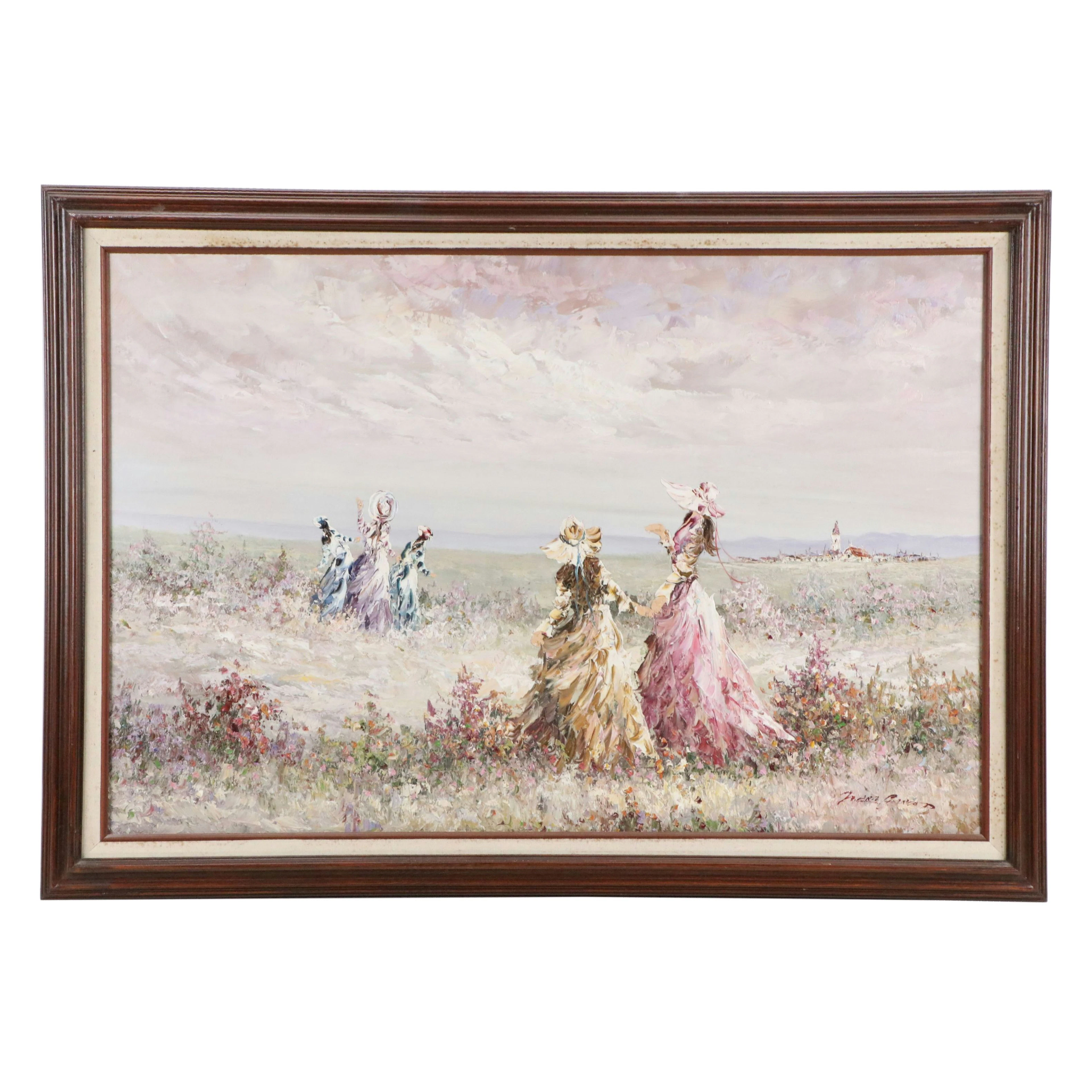 Marie Charlot Impressionistic Oil Painting of Women in Meadow, Mid-20th Century