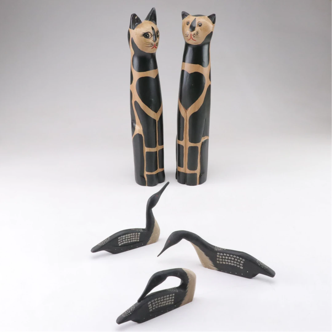 Pair of Hand Carved Wooden Cats with Loon Decoy Figurines