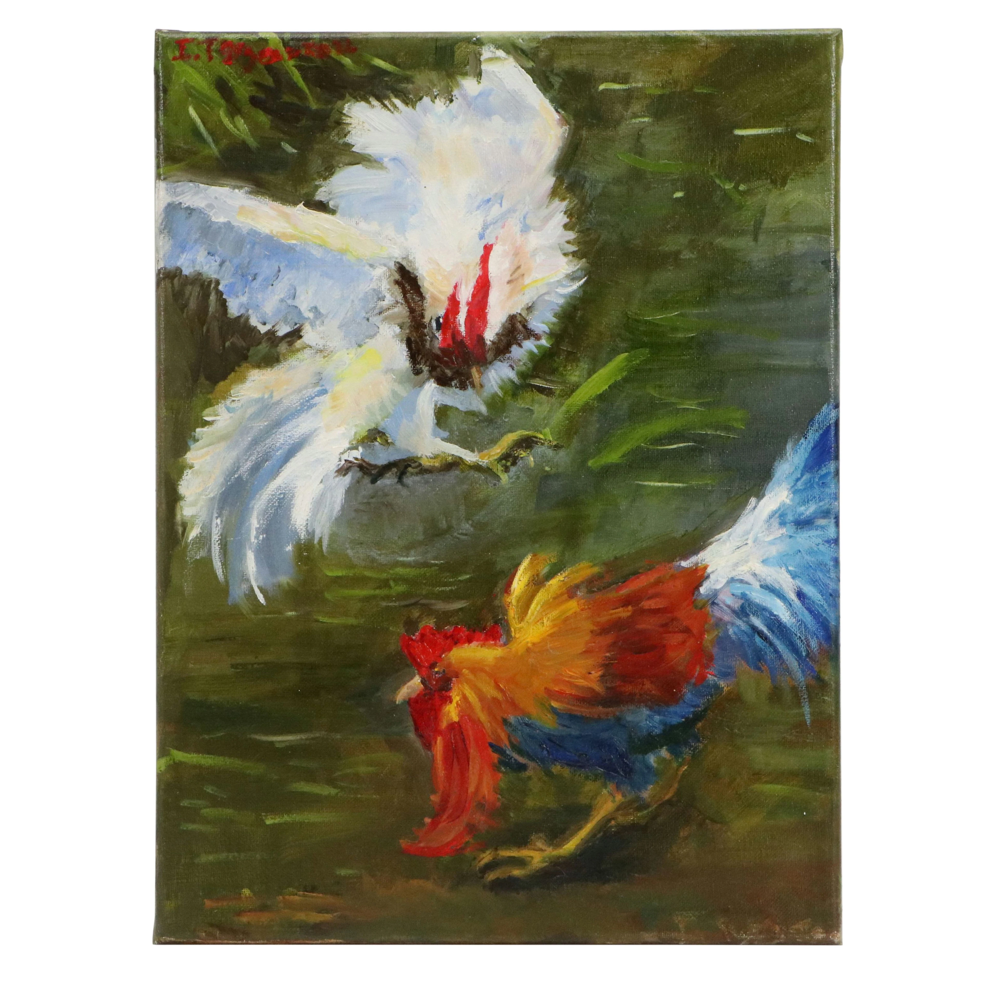 Ivan Tsygankov Oil Painting "Cockfighting," 2024