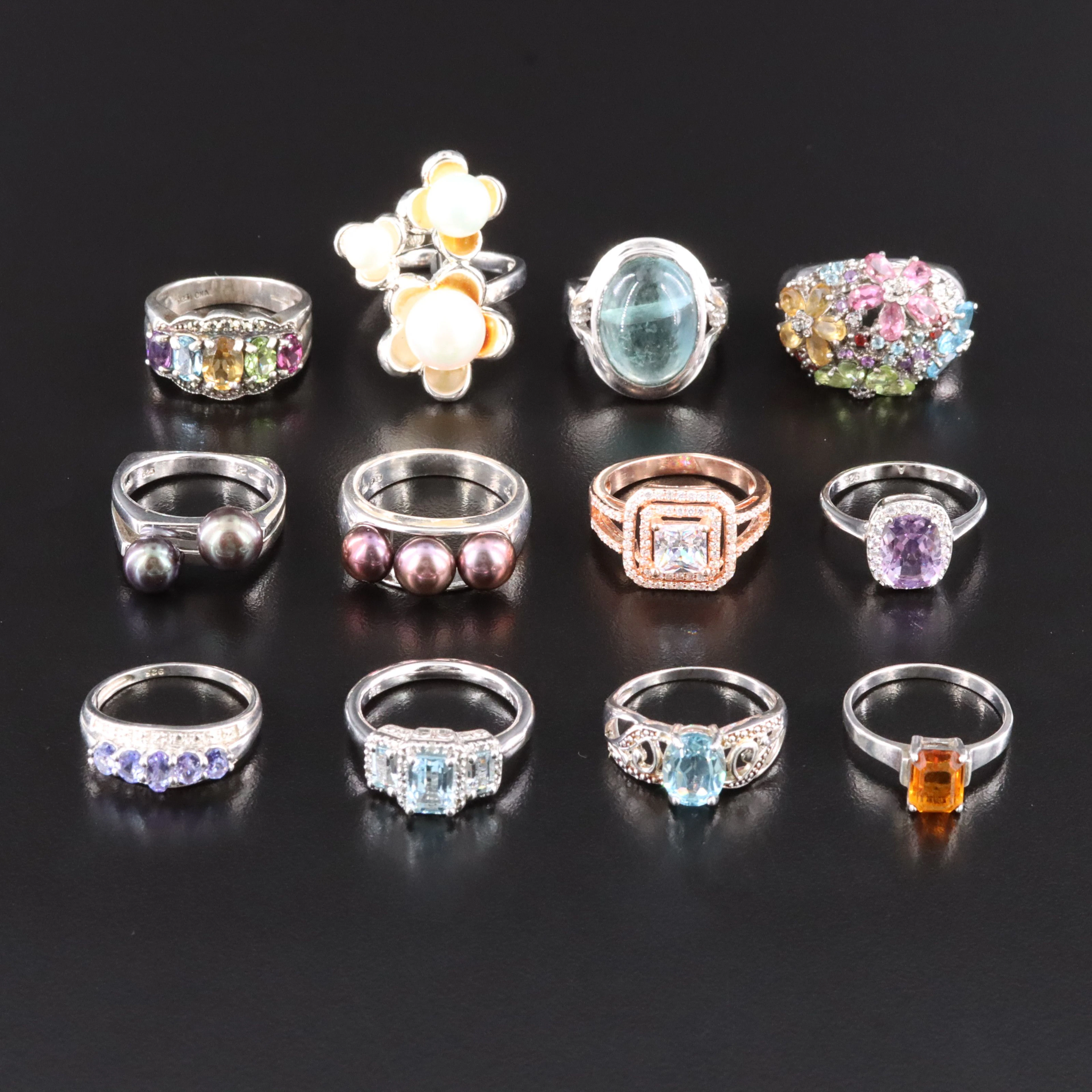 Pearls, Blue Topaz and Citrine Featured in Sterling Ring Collection