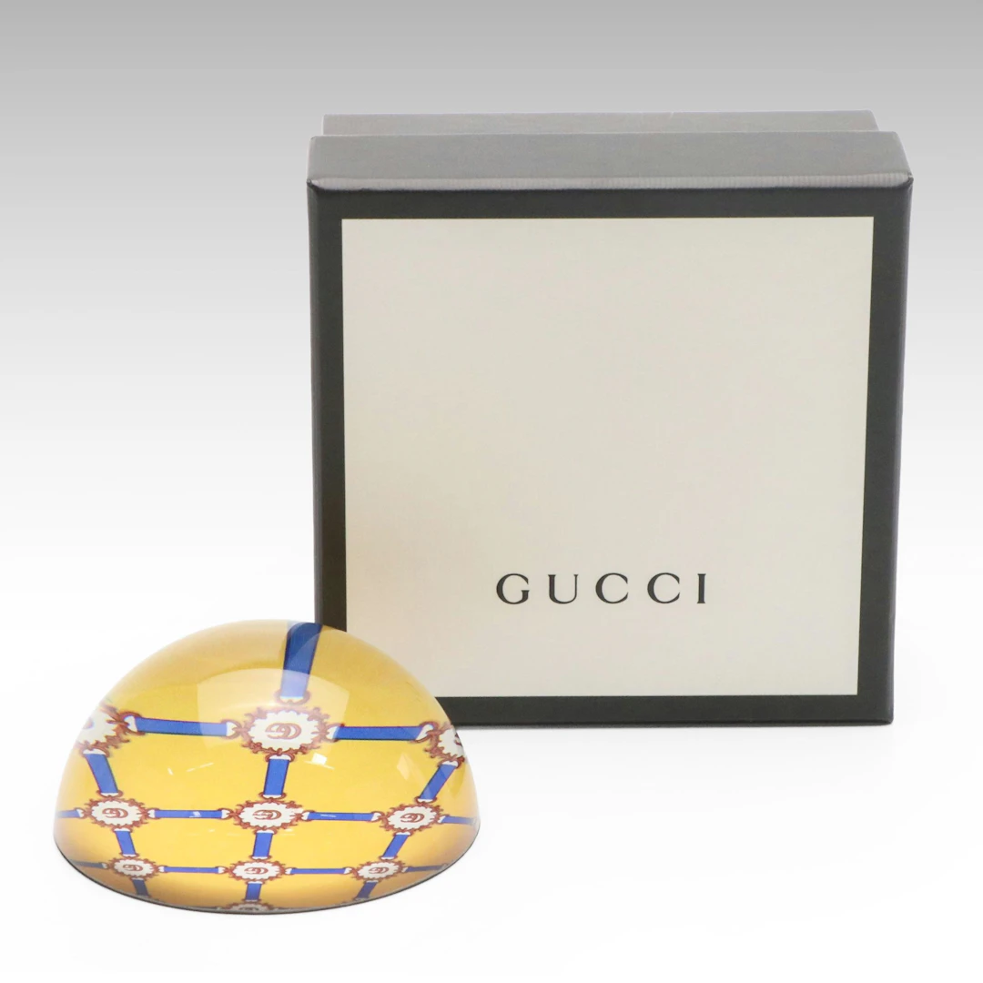 Gucci Glass Paperweight in Yellow GG Pattern with Box
