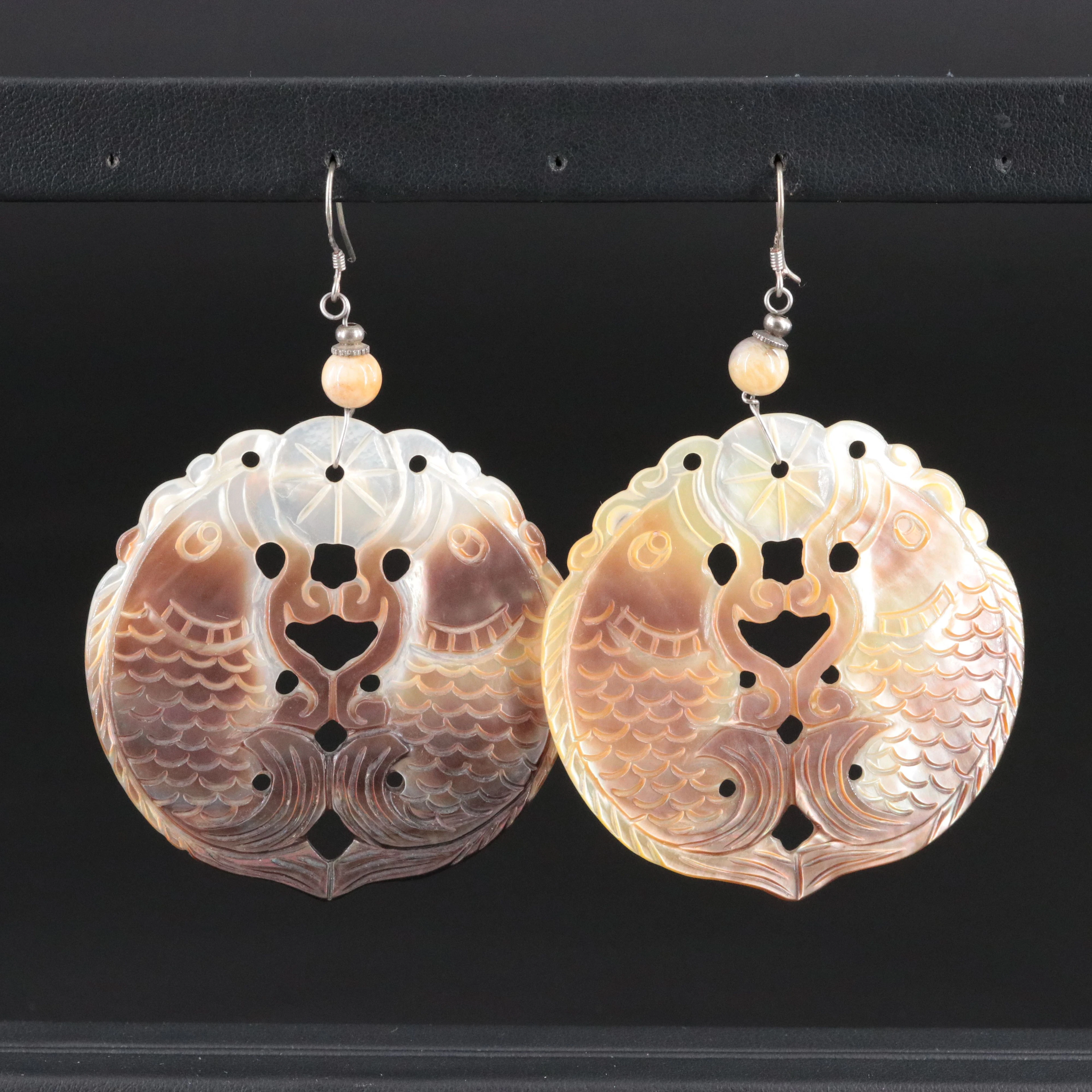 Sterling Carved Agate and Mother-of-Pearl Koi Fish Earrings