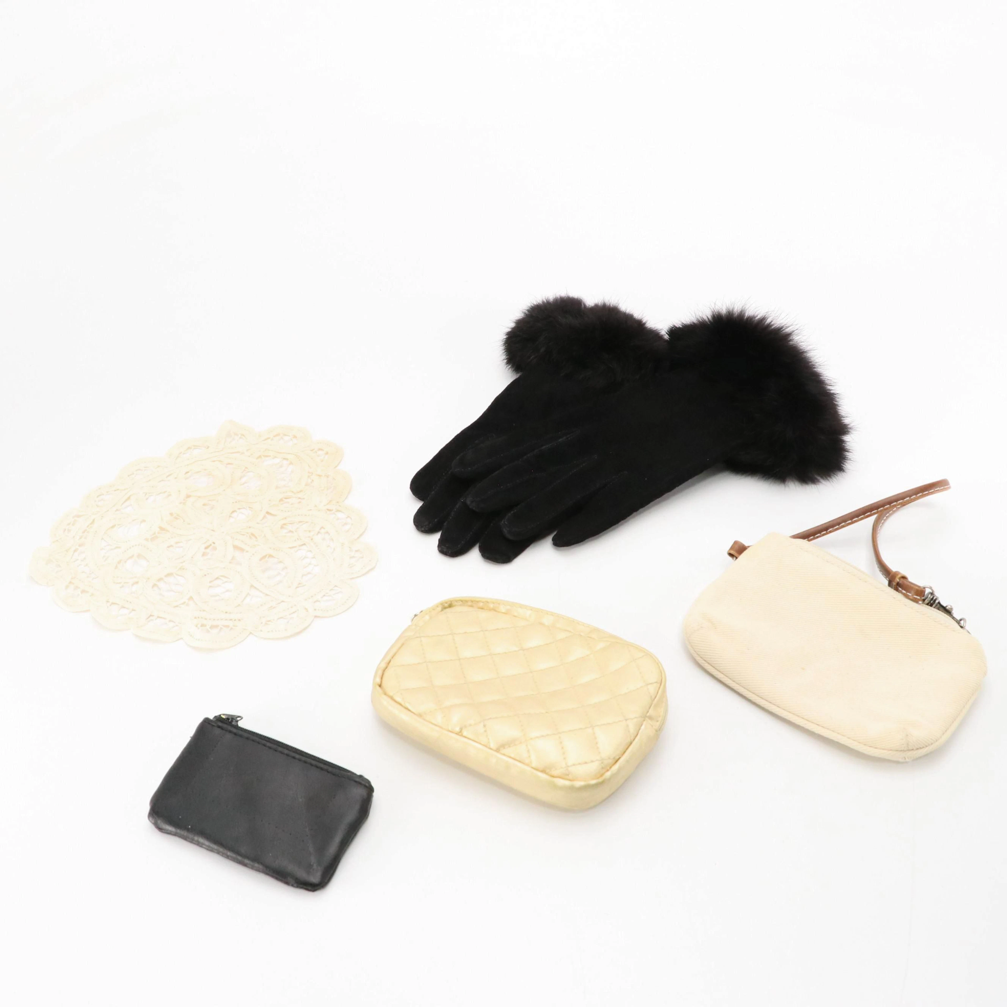 Rabbit Fur Trimmed Gloves, Black Leather, Estée Lauder Other Zip Pouches & More