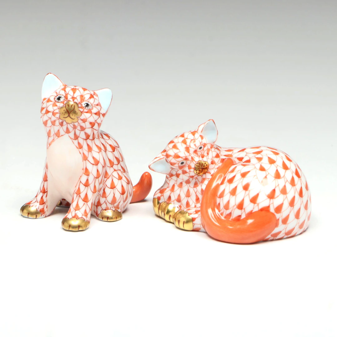 Herend Fishnet Rust with Gold “Sitting Kitty” and Other Porcelain Figurines