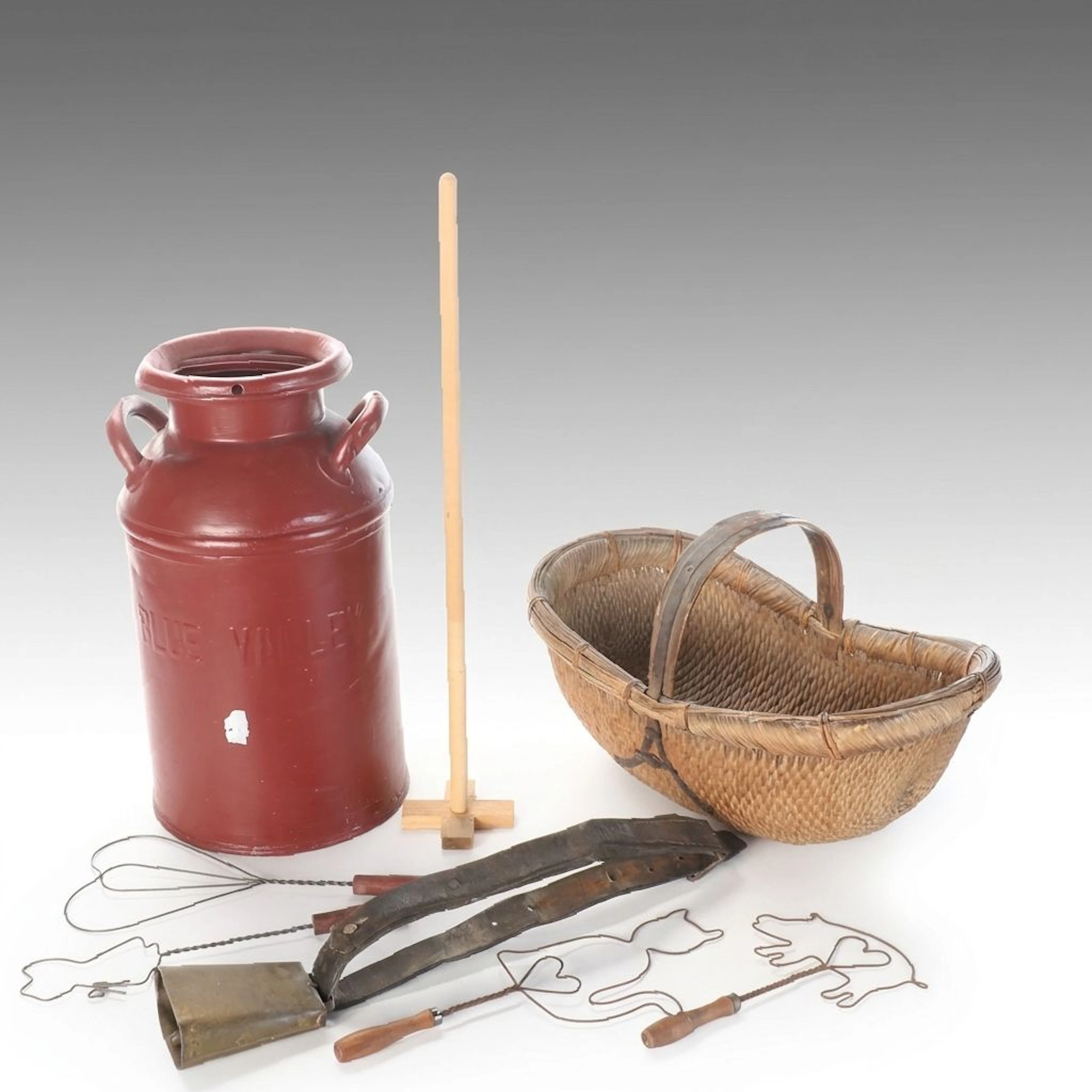 Blue Valley Creamery Co. Painted Metal Milk Can with Other Household Implements