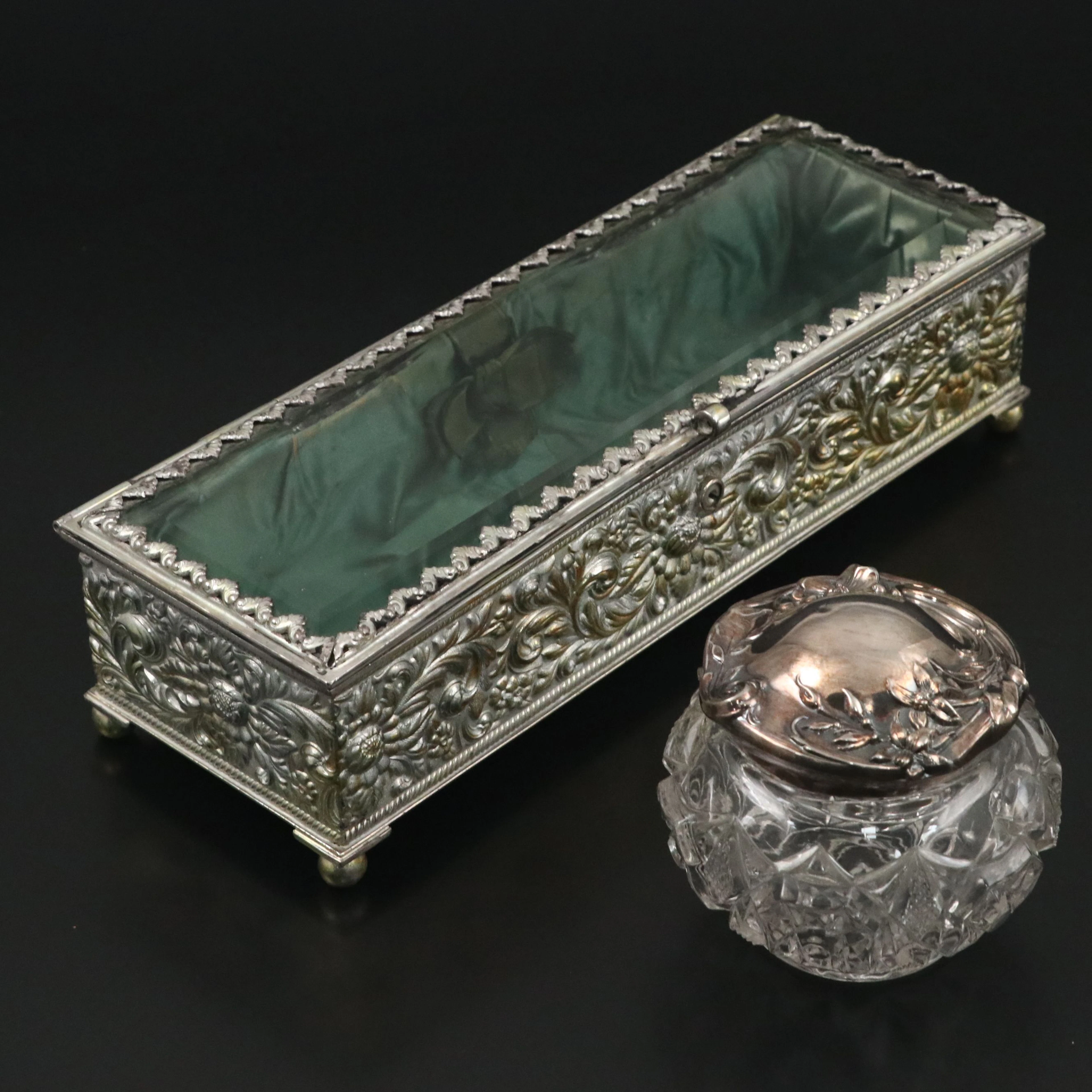 Silver Plate and Beveled Glass Jewelry Casket with Vanity Jar