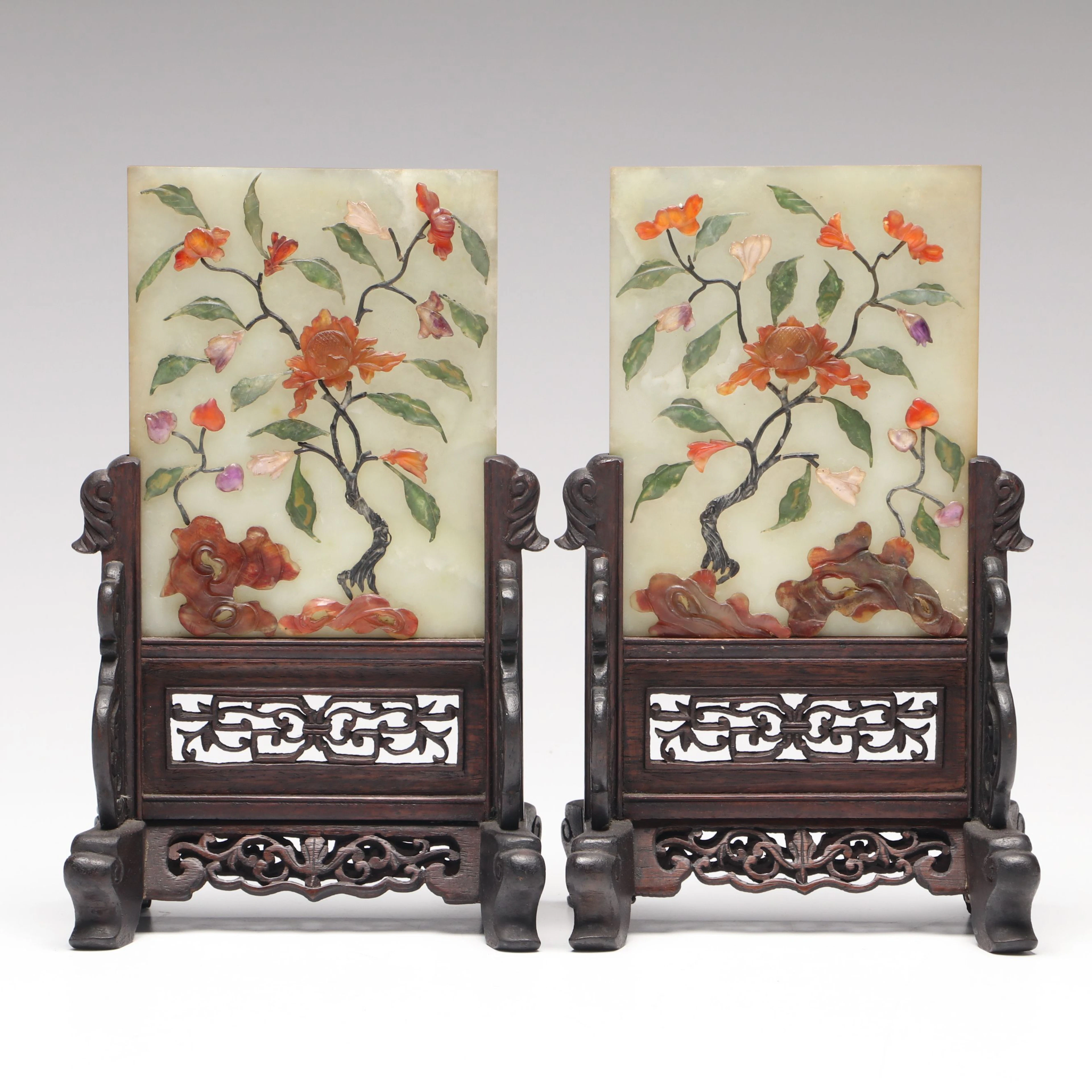 Chinese Carved Hardstone Floral Table Screens with Wood Stands