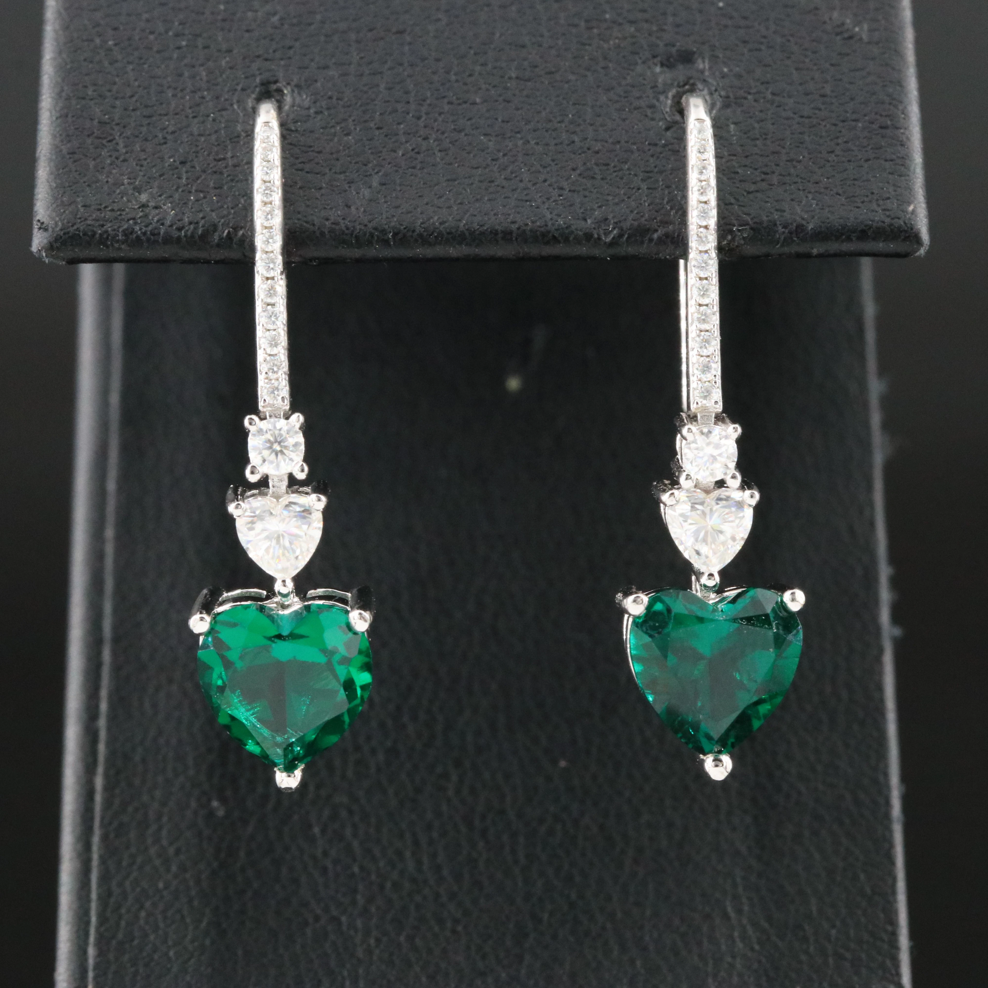 Sterling Emerald and Moissanite Heart Drop Earrings