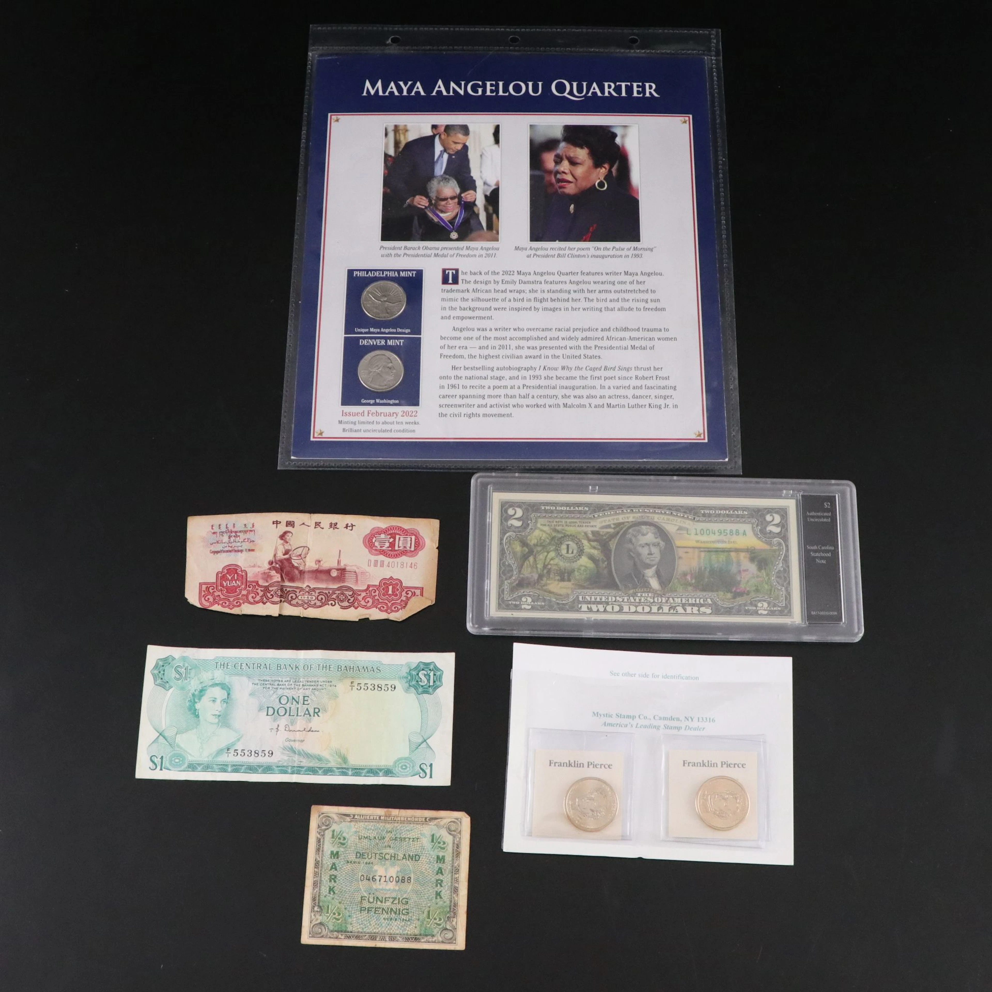 Maya Angelou U.S. Quarter with Foreign Banknotes & More