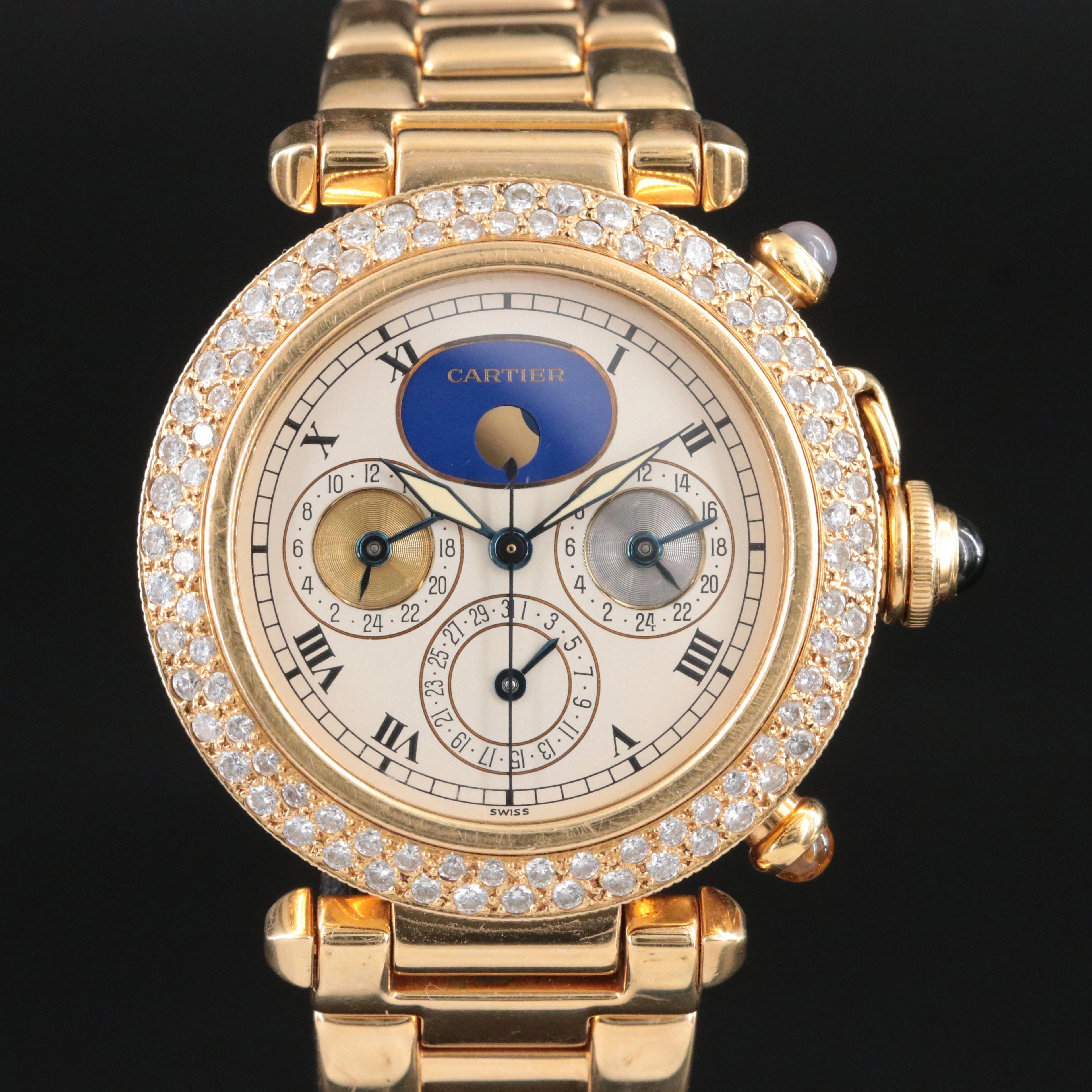 Cartier Pasha de Cartier 18K Gold Custom Diamond Triple Time Zone Quartz Watch