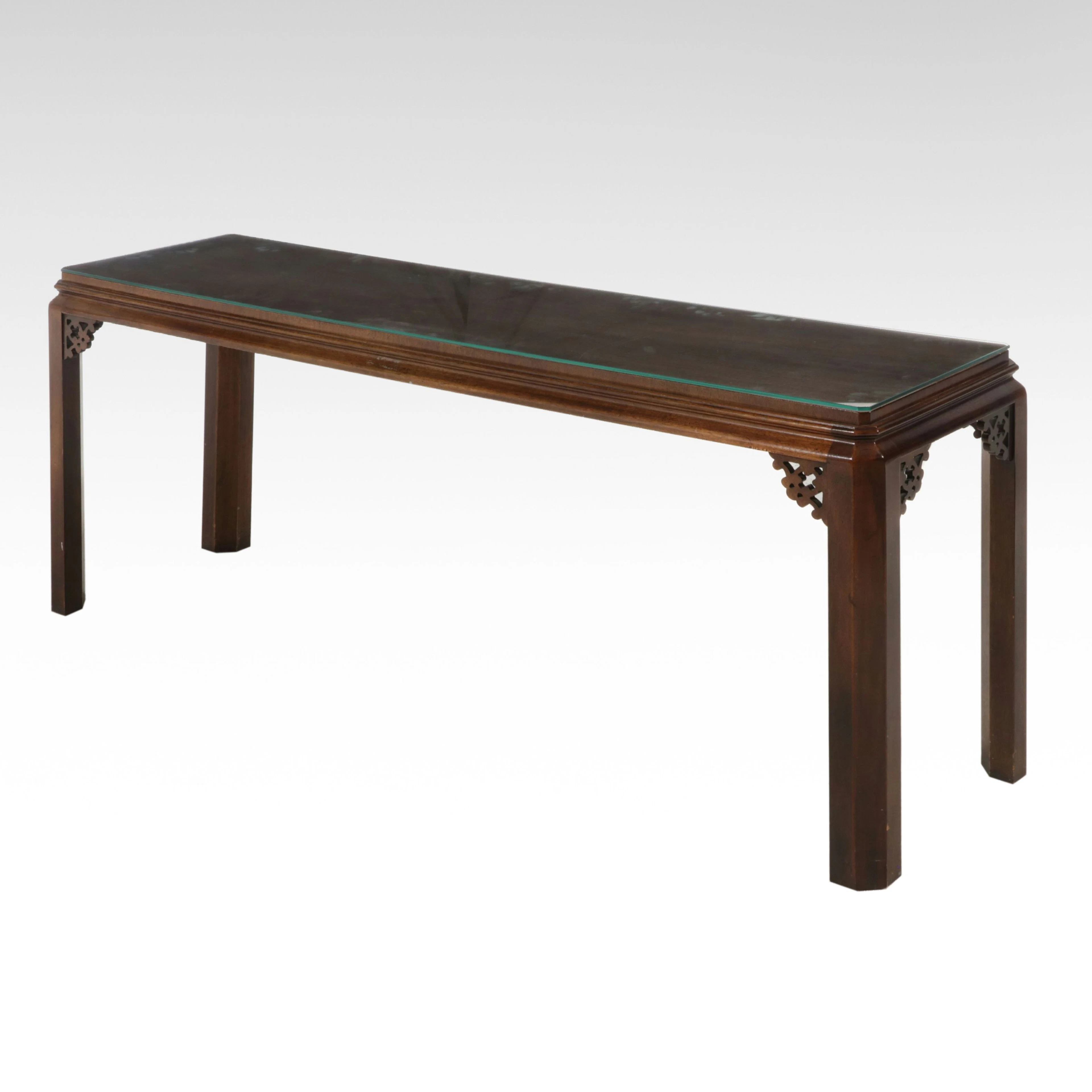 Chippendale Style Mahogany Sofa Table with Glass Top, Late 20th Century