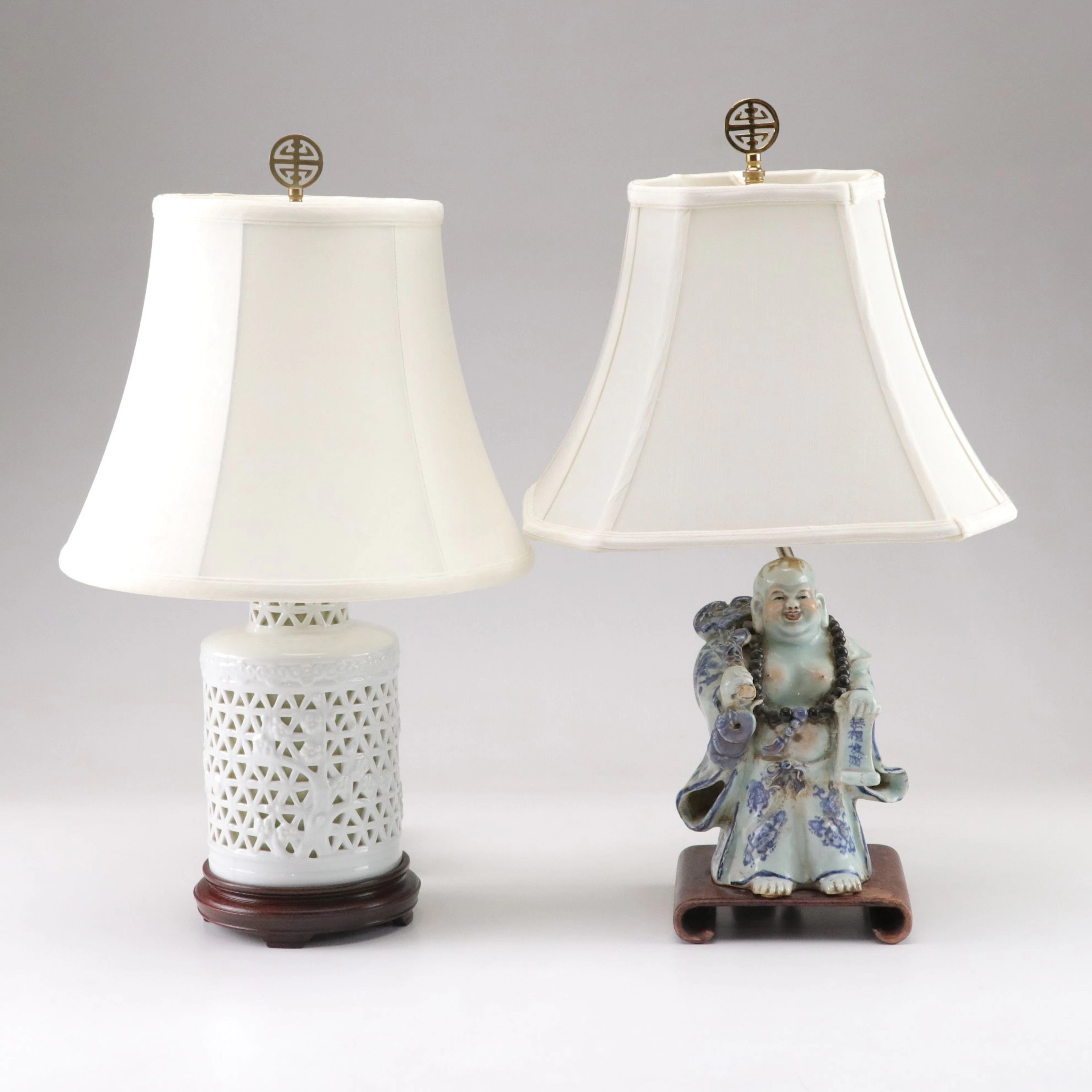 Chinese Pierced Blanc de Chin and Porcelain Hotei Table Lamps