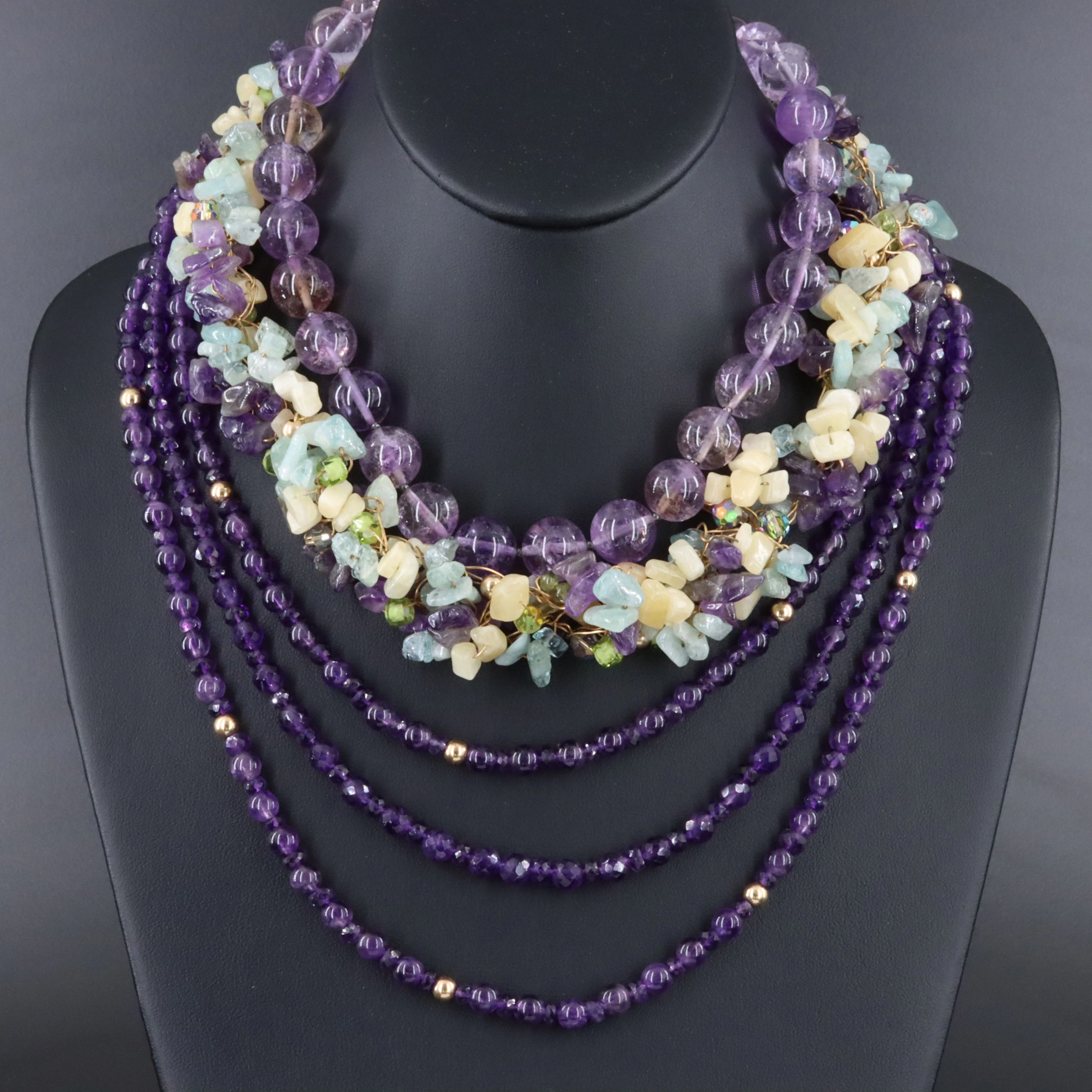 Amethyst, Calcite and Aquamarine Featured in Necklace Trio