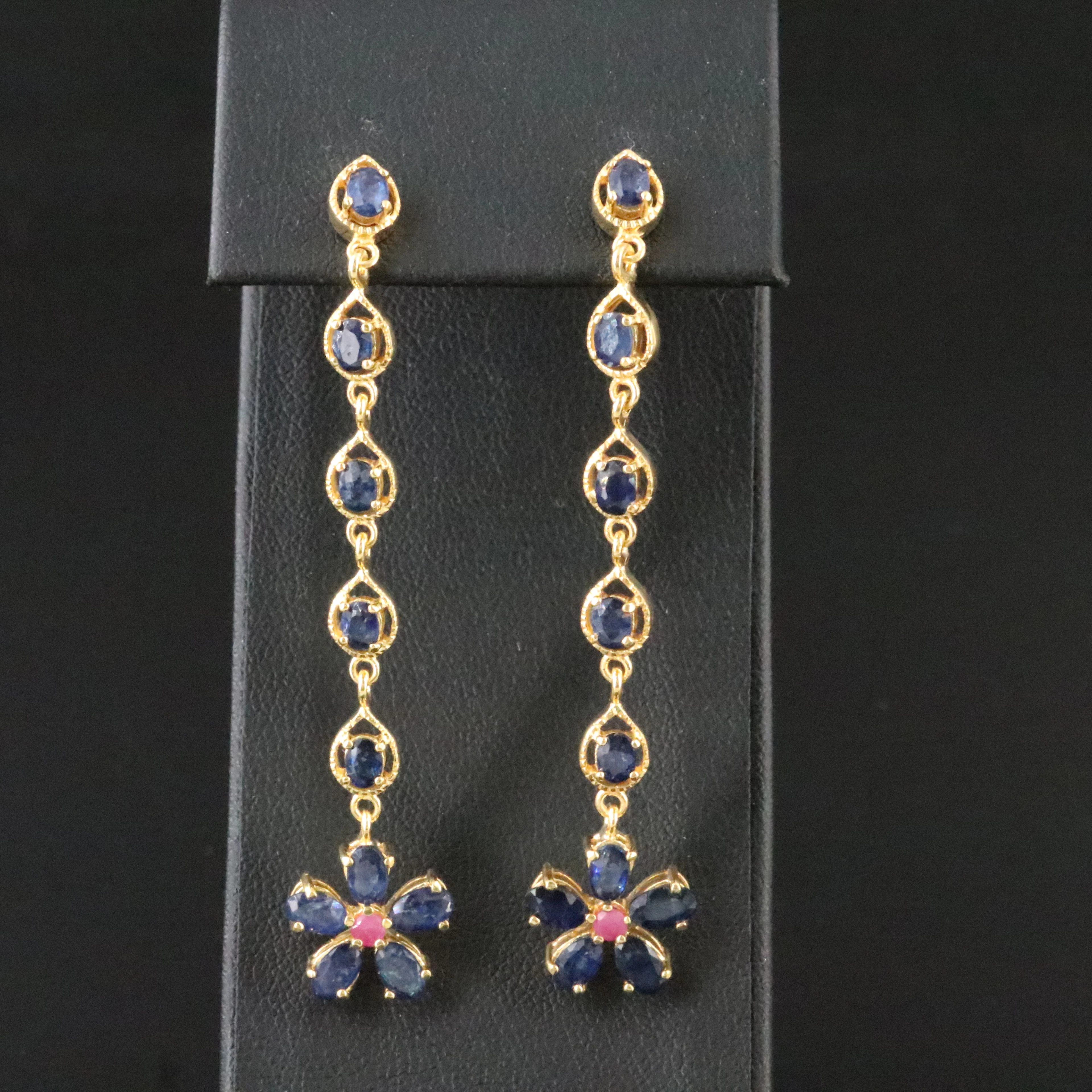 Sterling Sapphire and Ruby Floral Drop Earrings