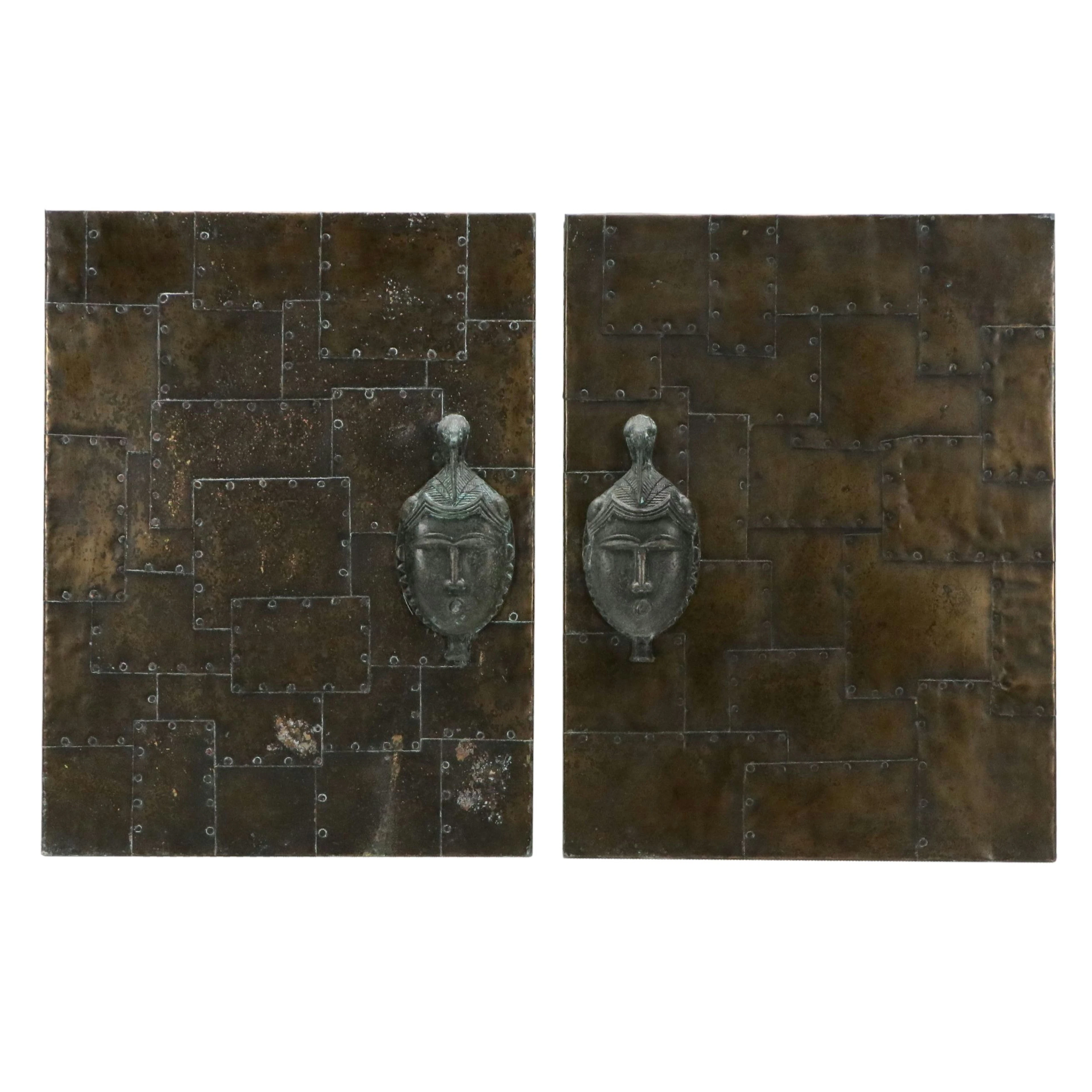 Polynesian-Style Riveted Brass and Wood Panels, 20th Century