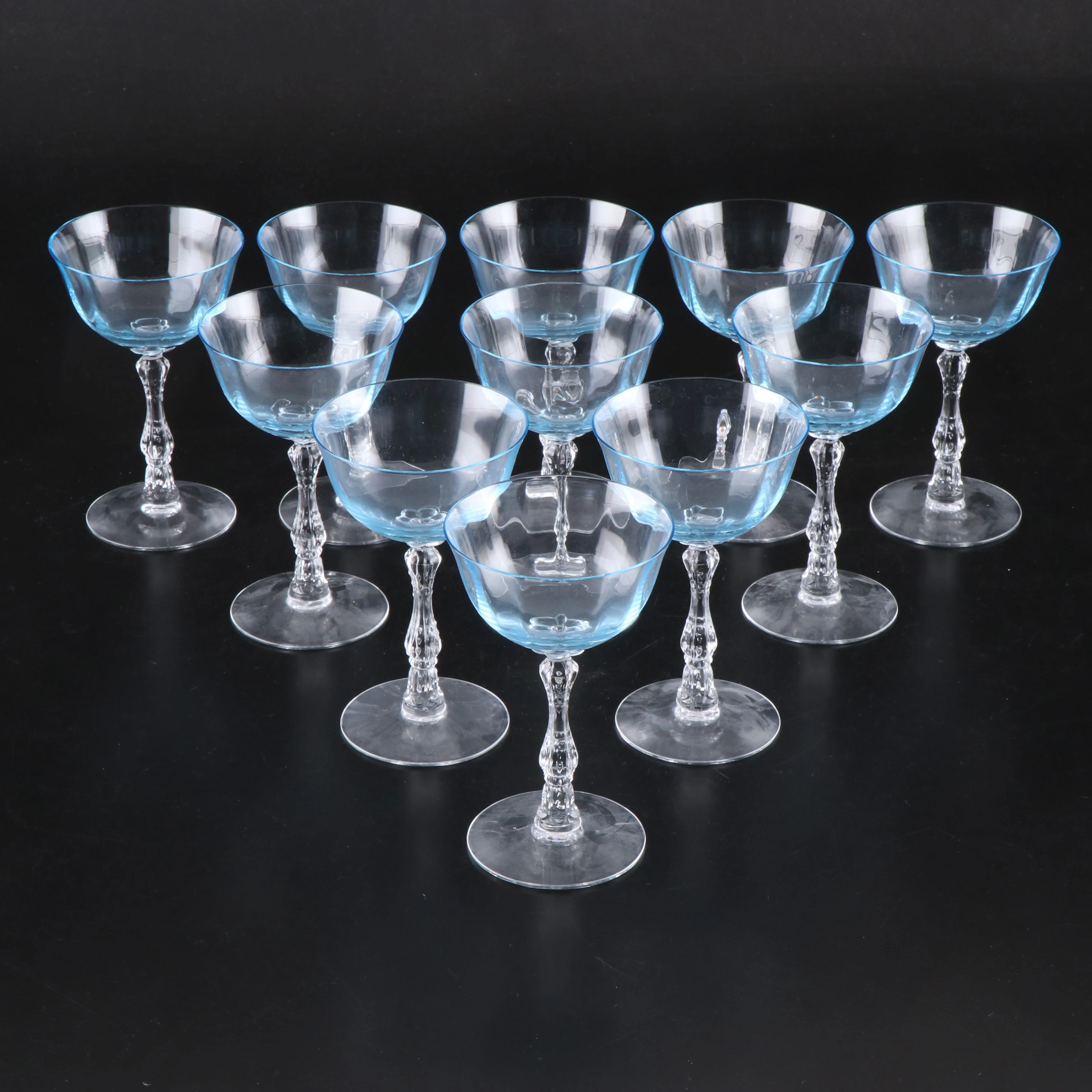 Fostoria "Wilma" Blue Glass Champagne Coupes, 1974–1982