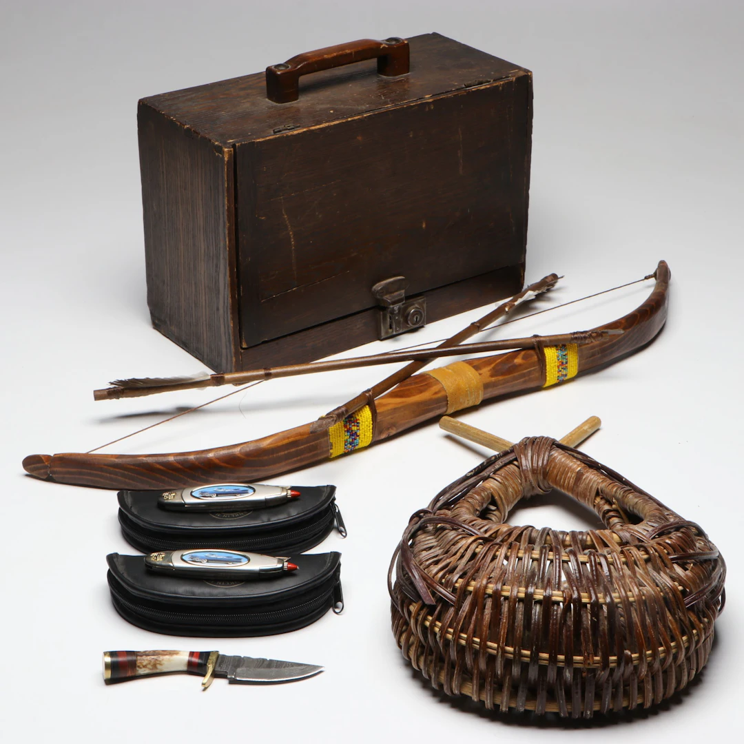 Indigenous Style Wooden Bow, Handwoven Basket with Knives and Box