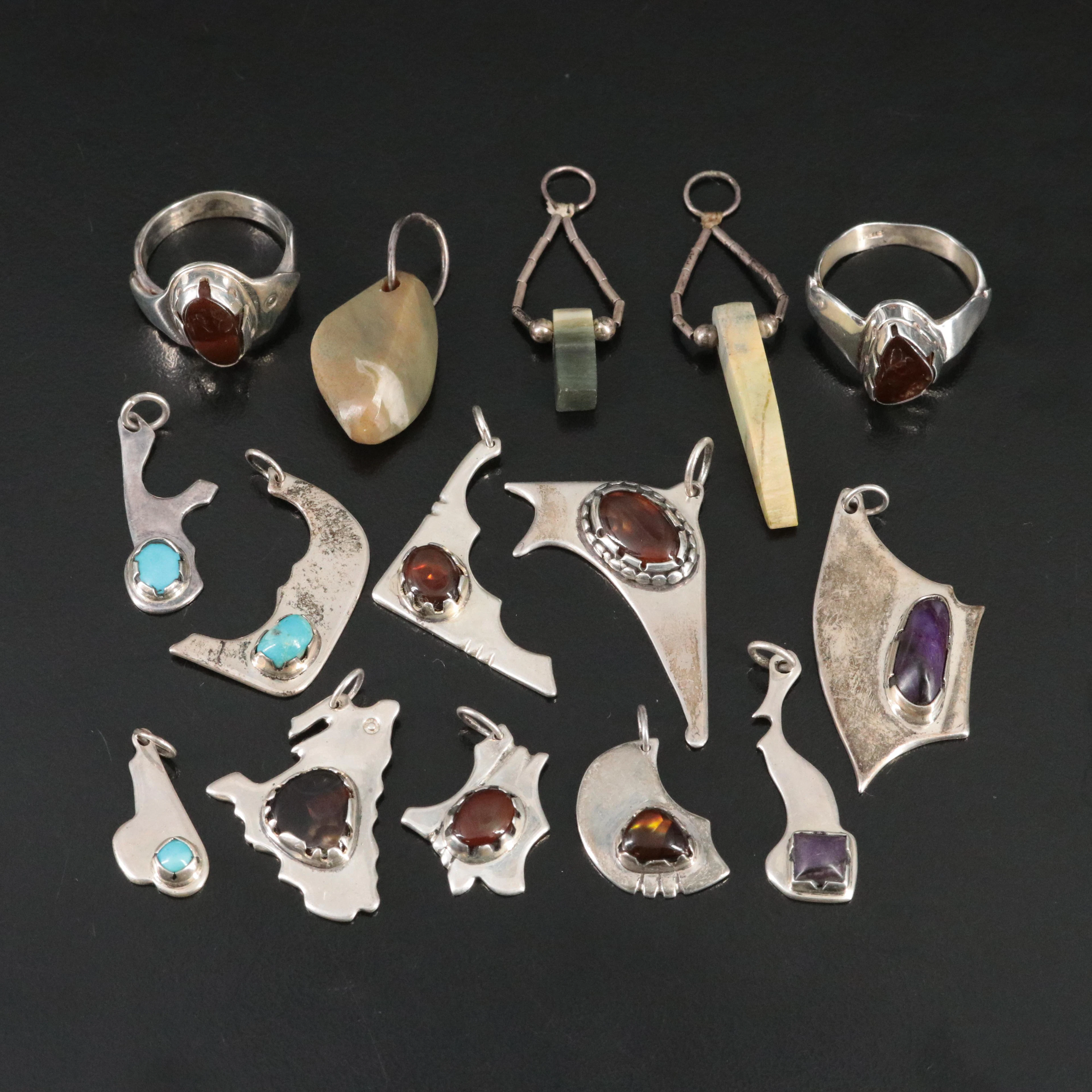 Sterling Fire Agate Sugilite and Turquoise Pendant and Ring Collection