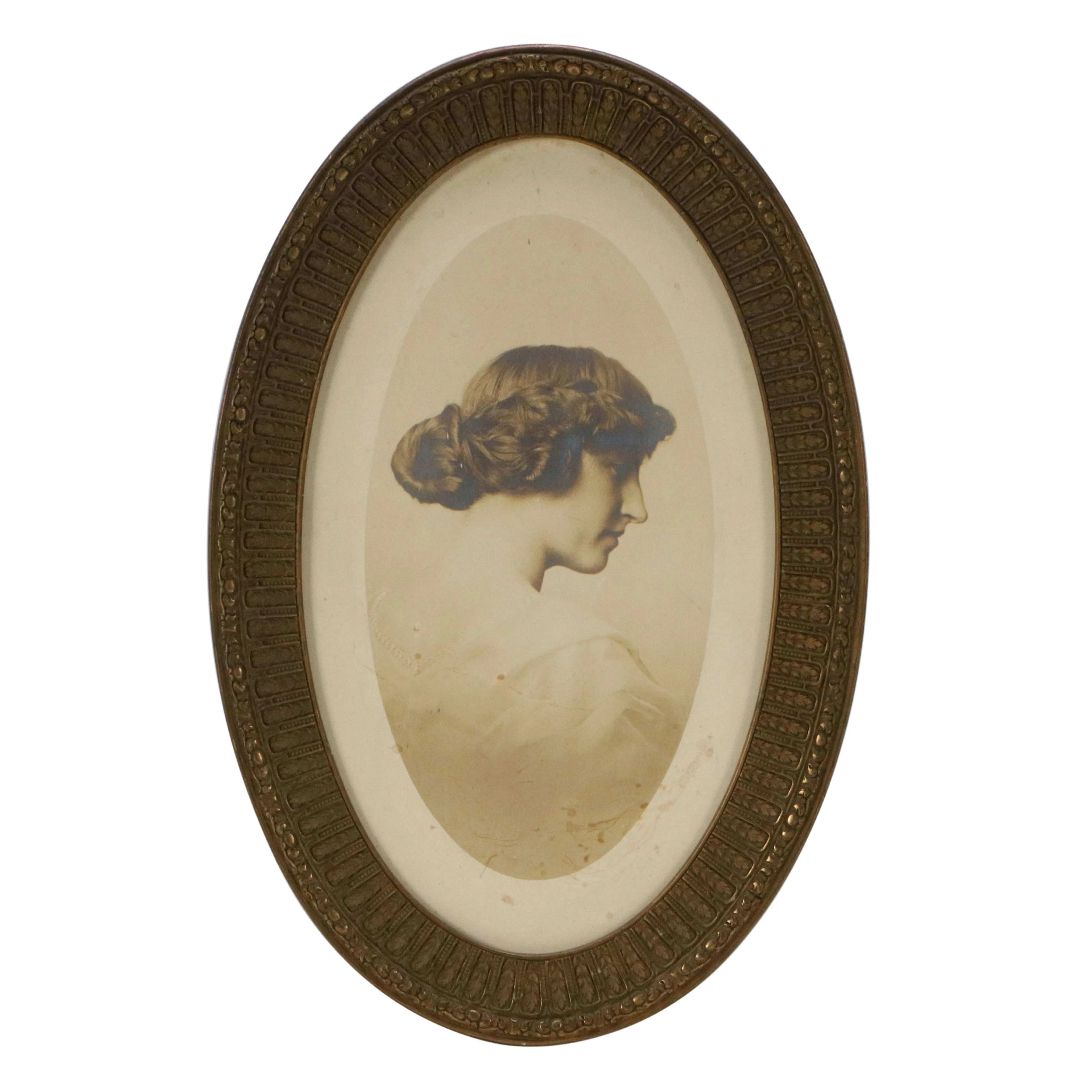 Antique Silver Portrait Print of a Lady in Oval Period Frame