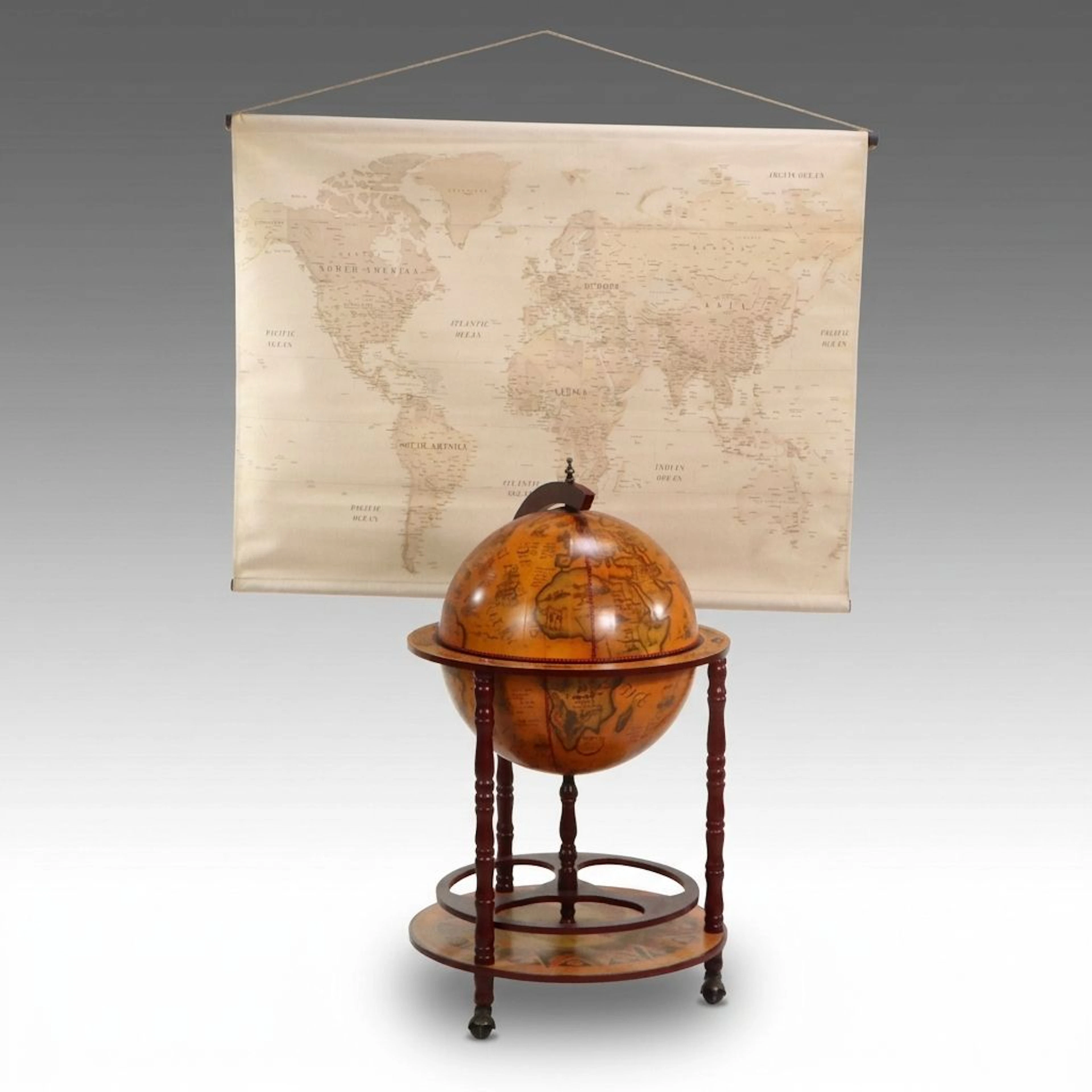 Deco 79 Globe Hidden Wine Rack with Canvas World Map Hanging