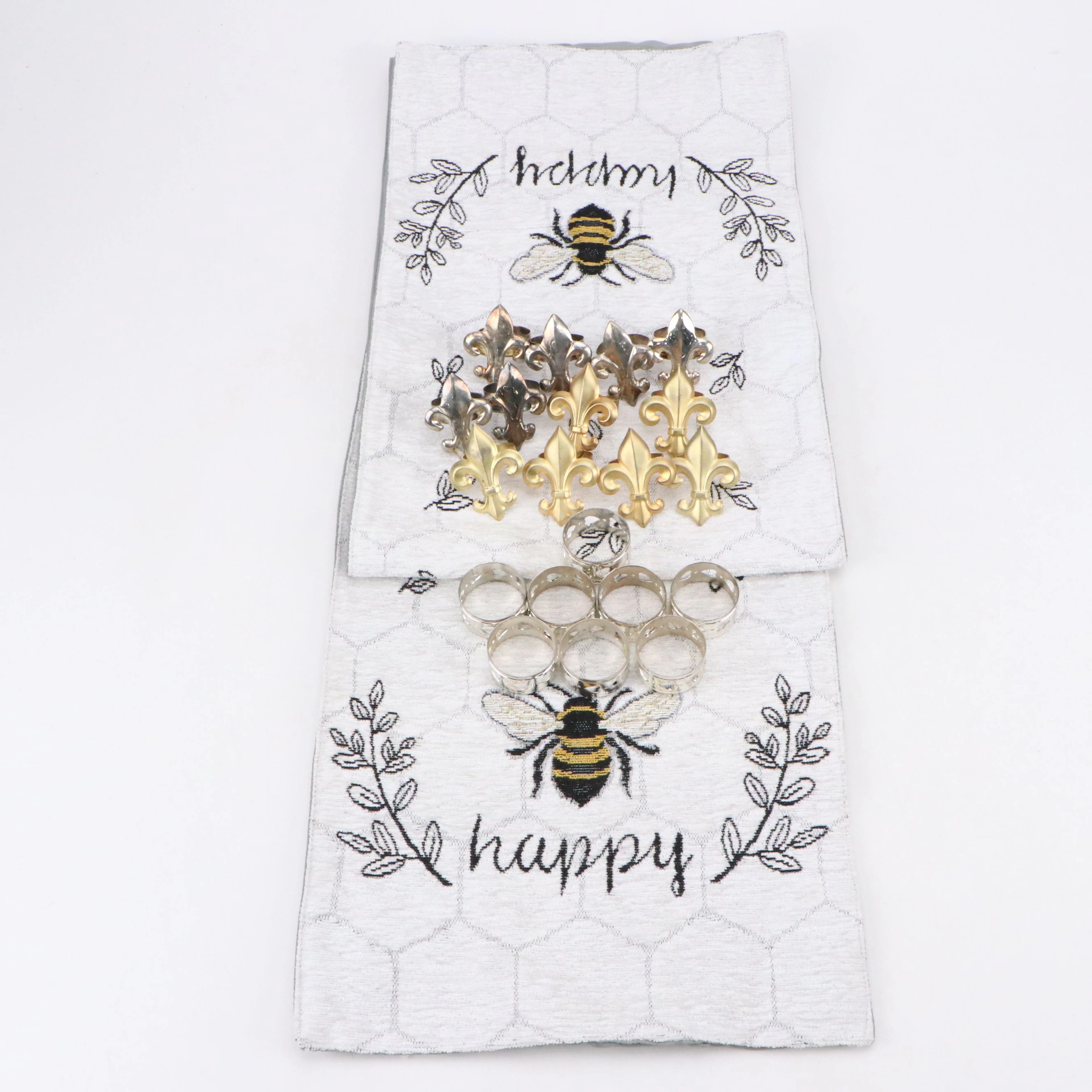 Bee and Honeycomb Table Runner with Gold and Silver Finish Napkin Rings