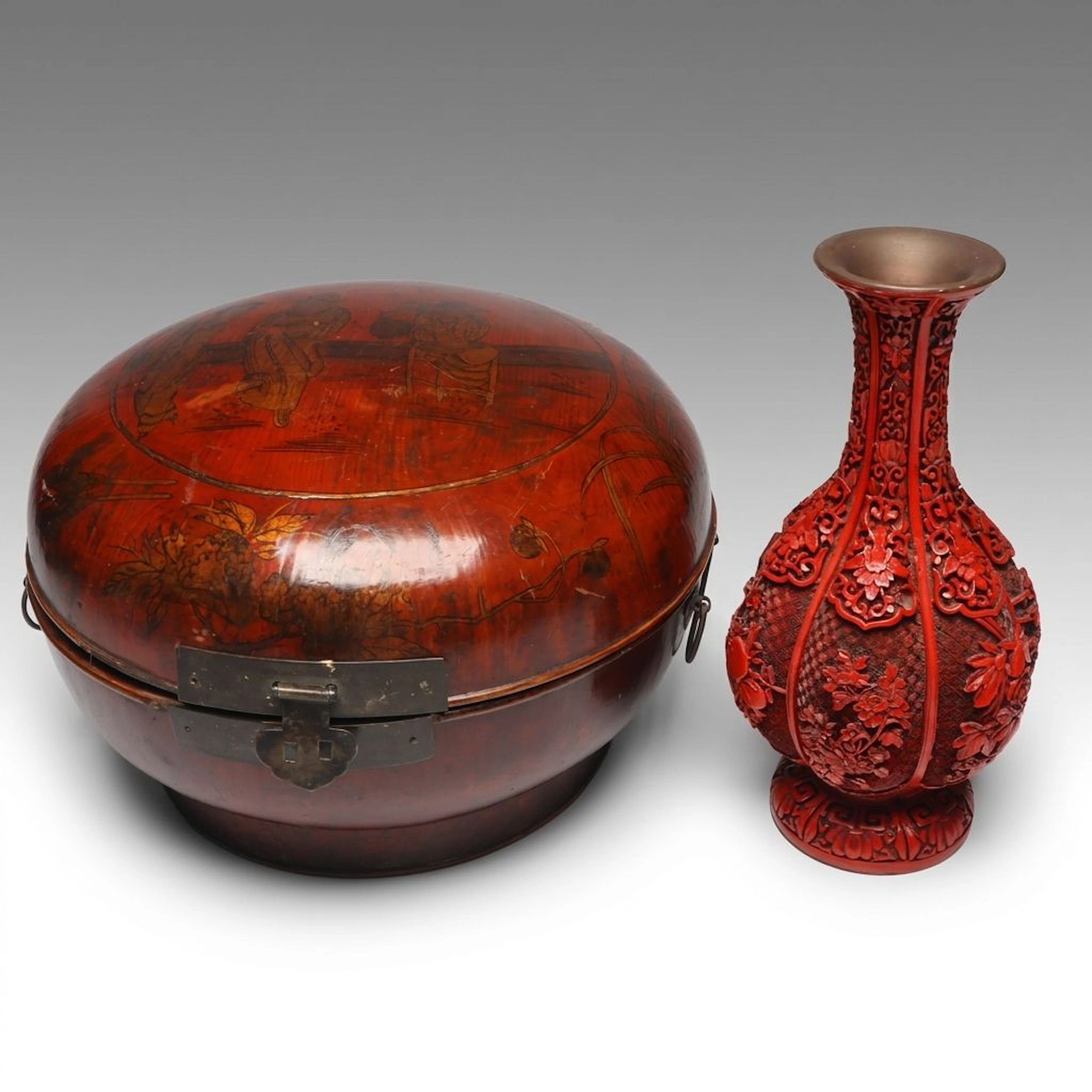 Chinese Crimson Lacquer Wedding Box with Carved Red Resin Bud Vase