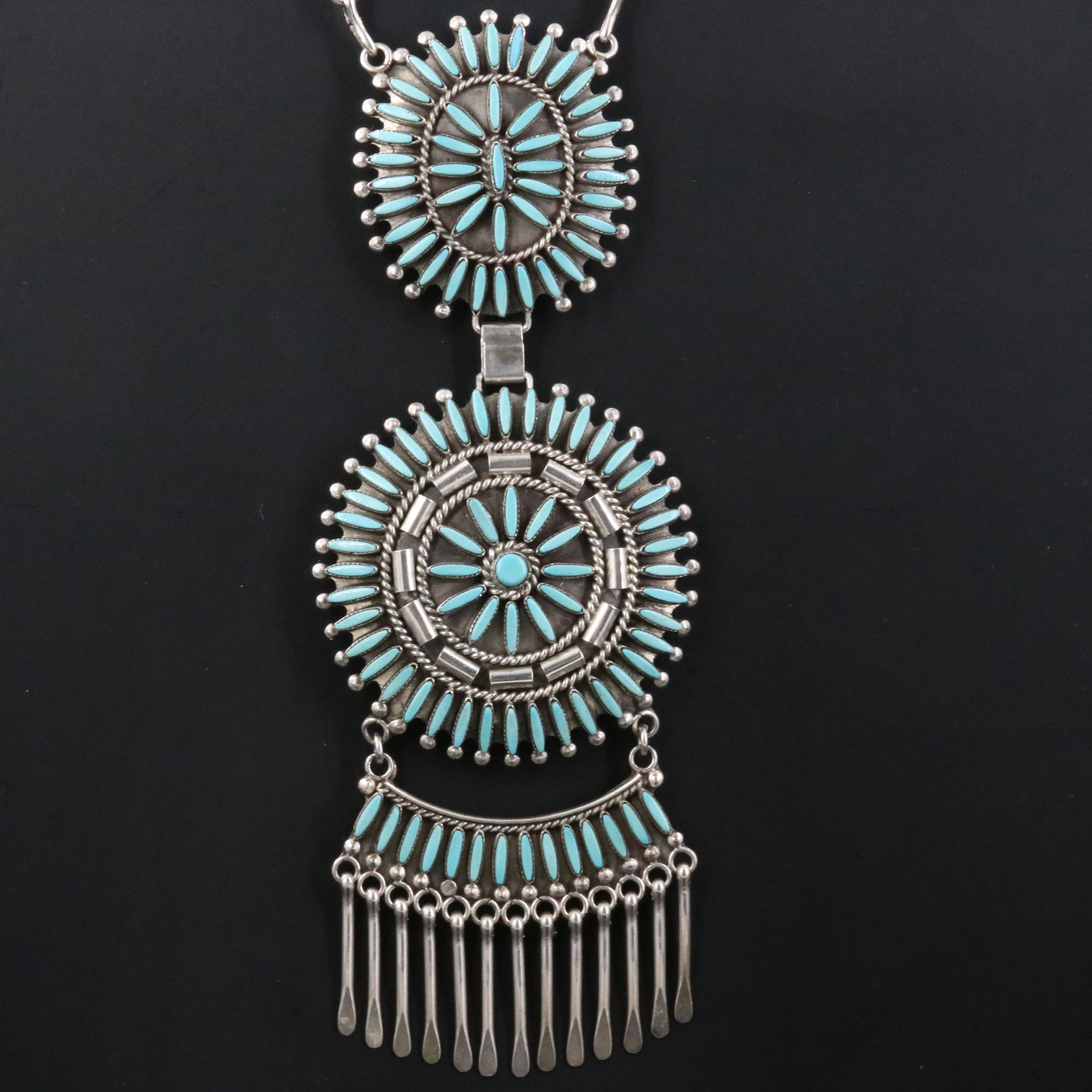 Signed Southwestern 950 Silver & 800 Silver Turquoise Petit Point Necklace