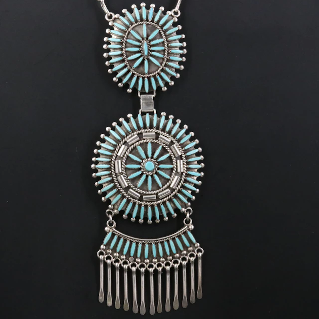 Signed Southwestern 950 Silver & 800 Silver Turquoise Petit Point Necklace