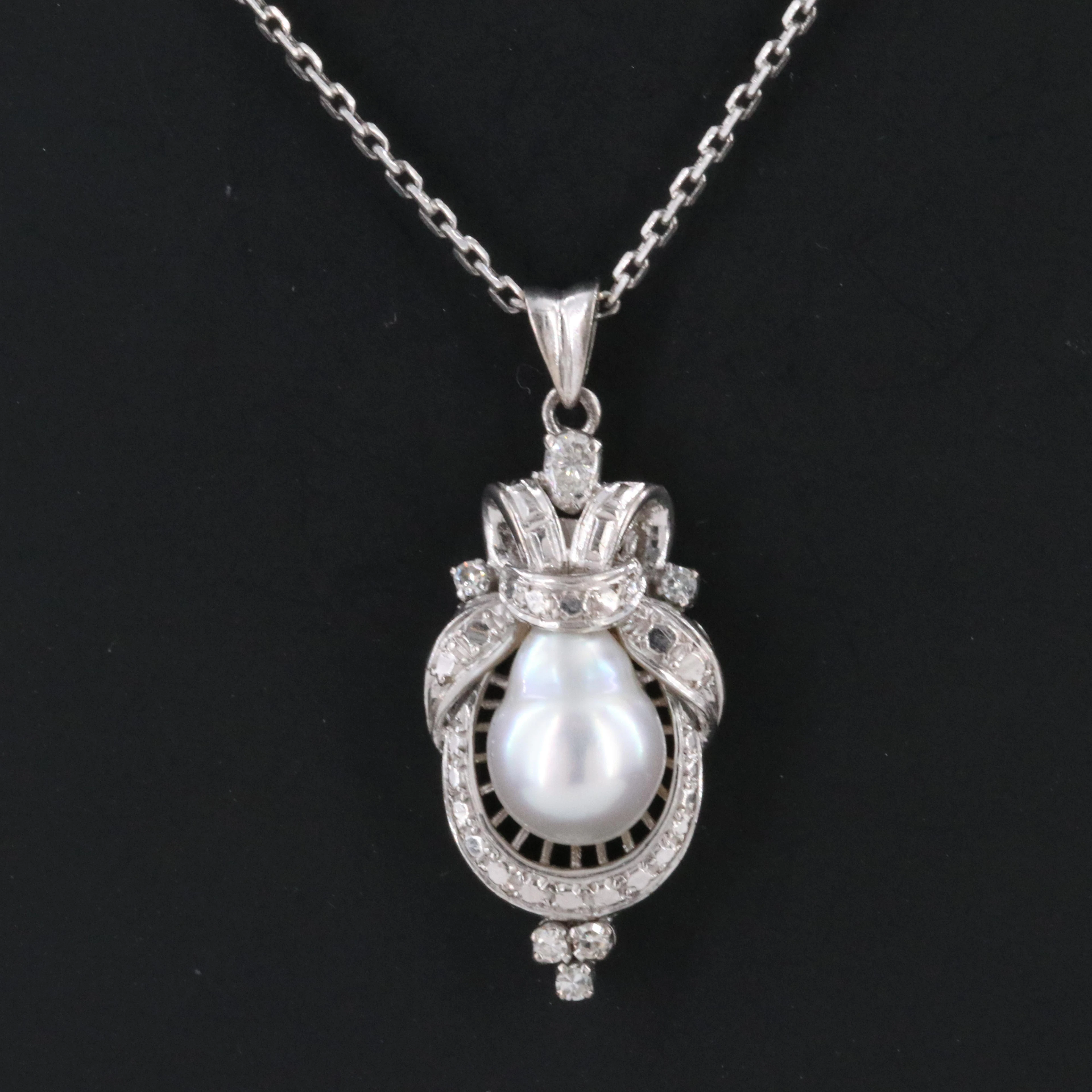 Silver Palladium Pearl and Diamond Pendant on Platinum Chain Necklace