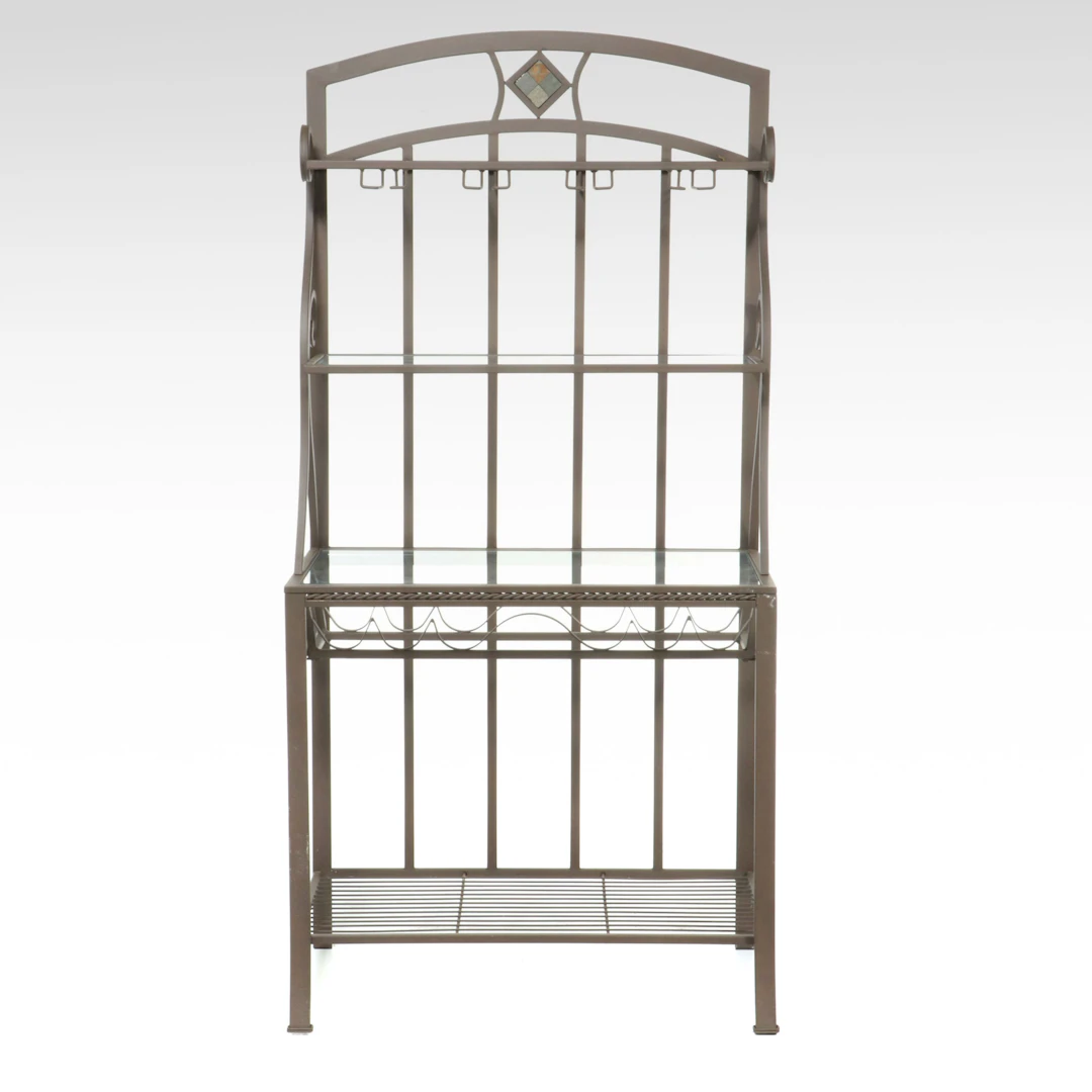 Scrolled Metal and Glass Baker's Rack with Slate Accent
