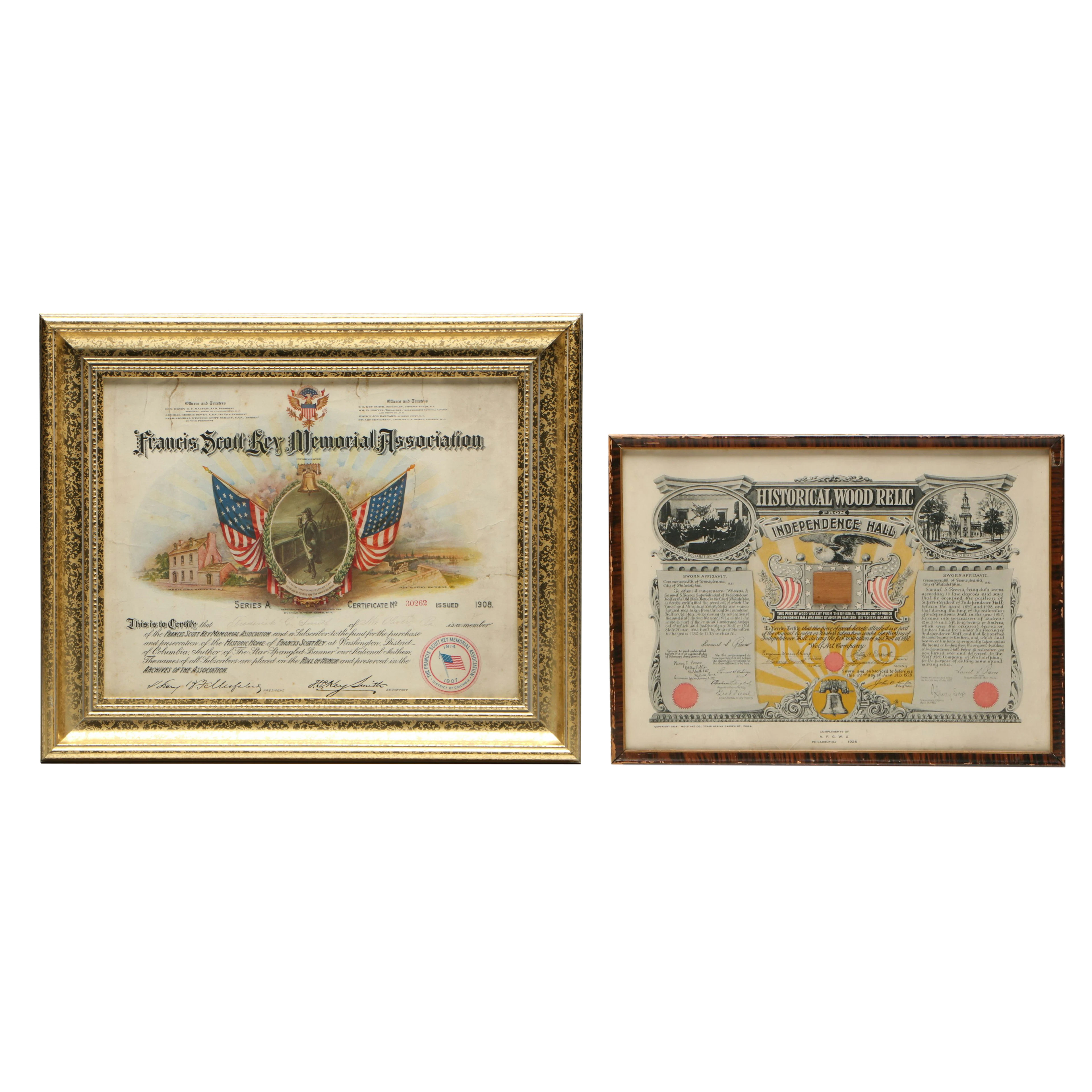 Independence Hall Timber Relic with Francis Scott Key Association Certificate