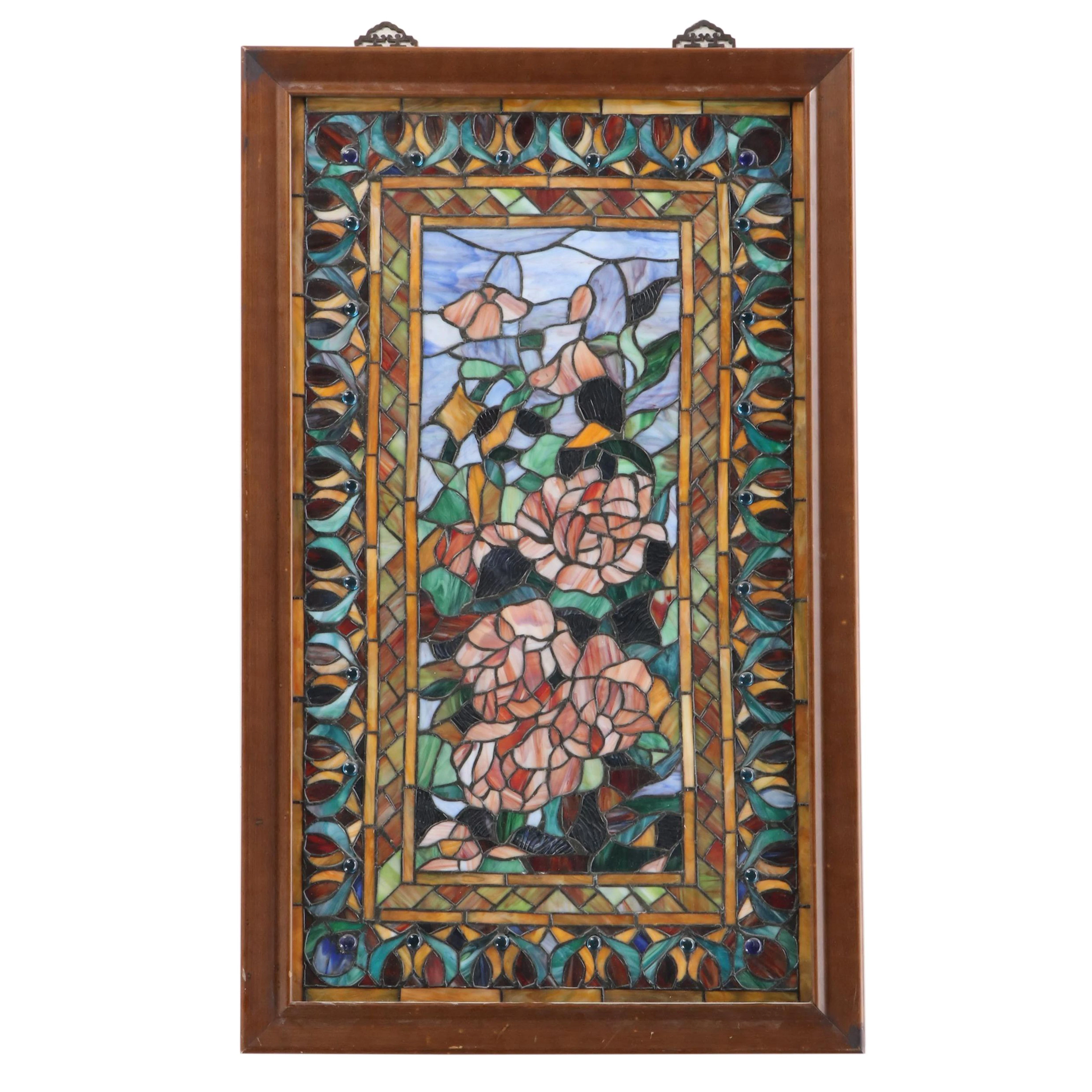 Tiffany Style Floral Leaded Slag and Stained Glass Framed Panel