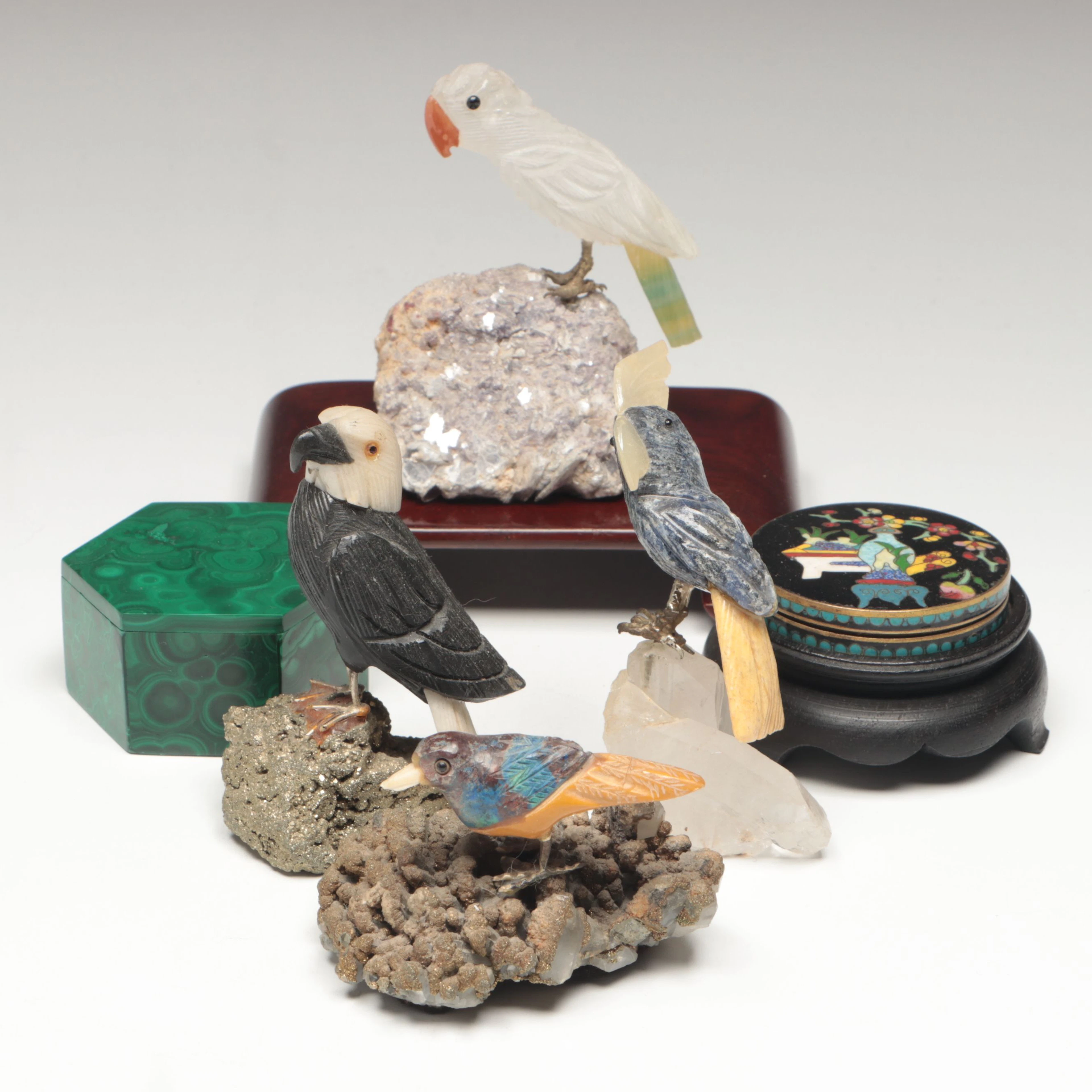 Malachite Box, Carved Stone Birds and Cloisonné Box with Stand