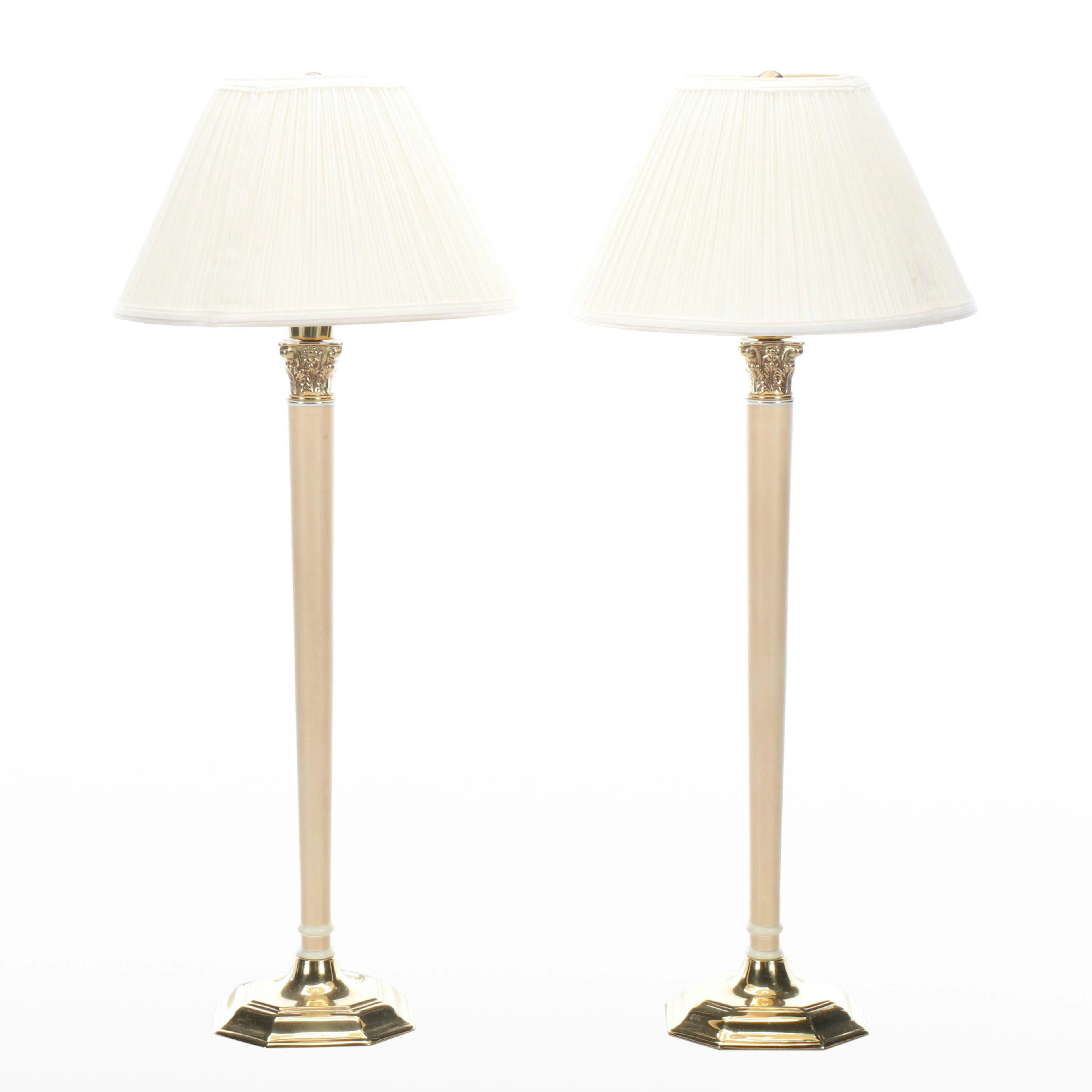 Pair of Brass and Painted Wood Buffet Lamps with Pleated Shades