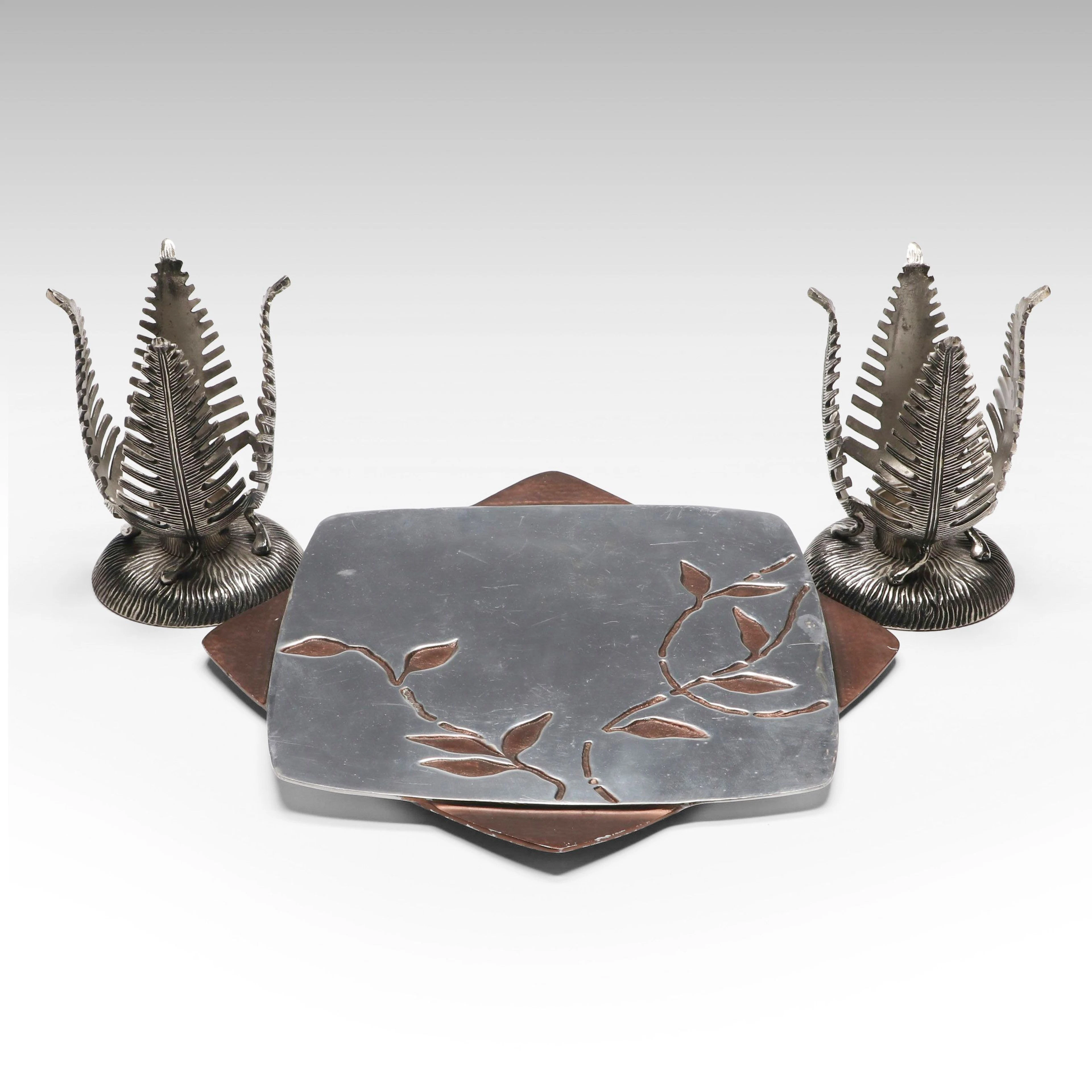 Gorham Two-Tone Metal Tray with Metal Fern Candle Holders