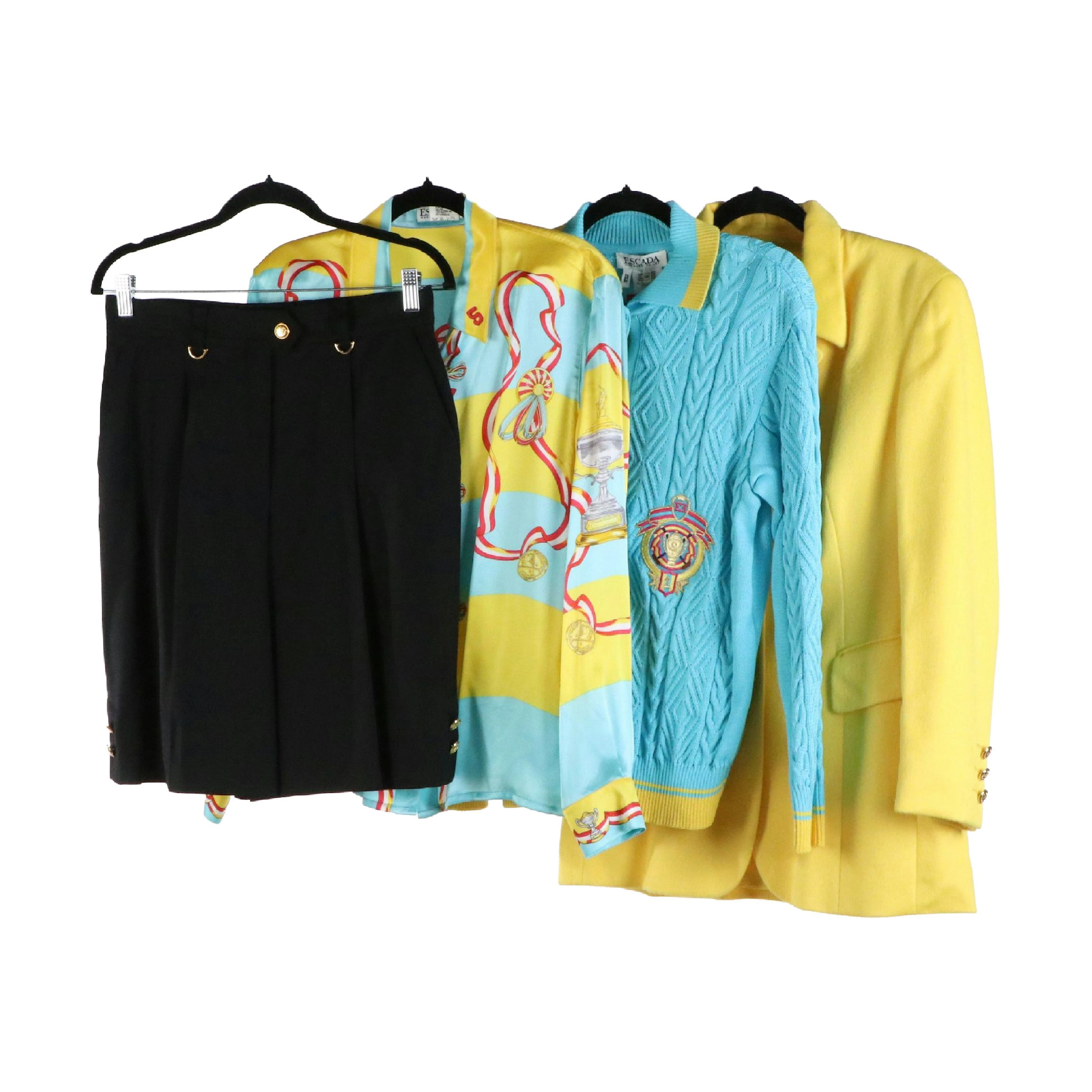 Escada Wool Bermuda Shorts, Silk Printed Button-Down Top, Wool Blazer & More