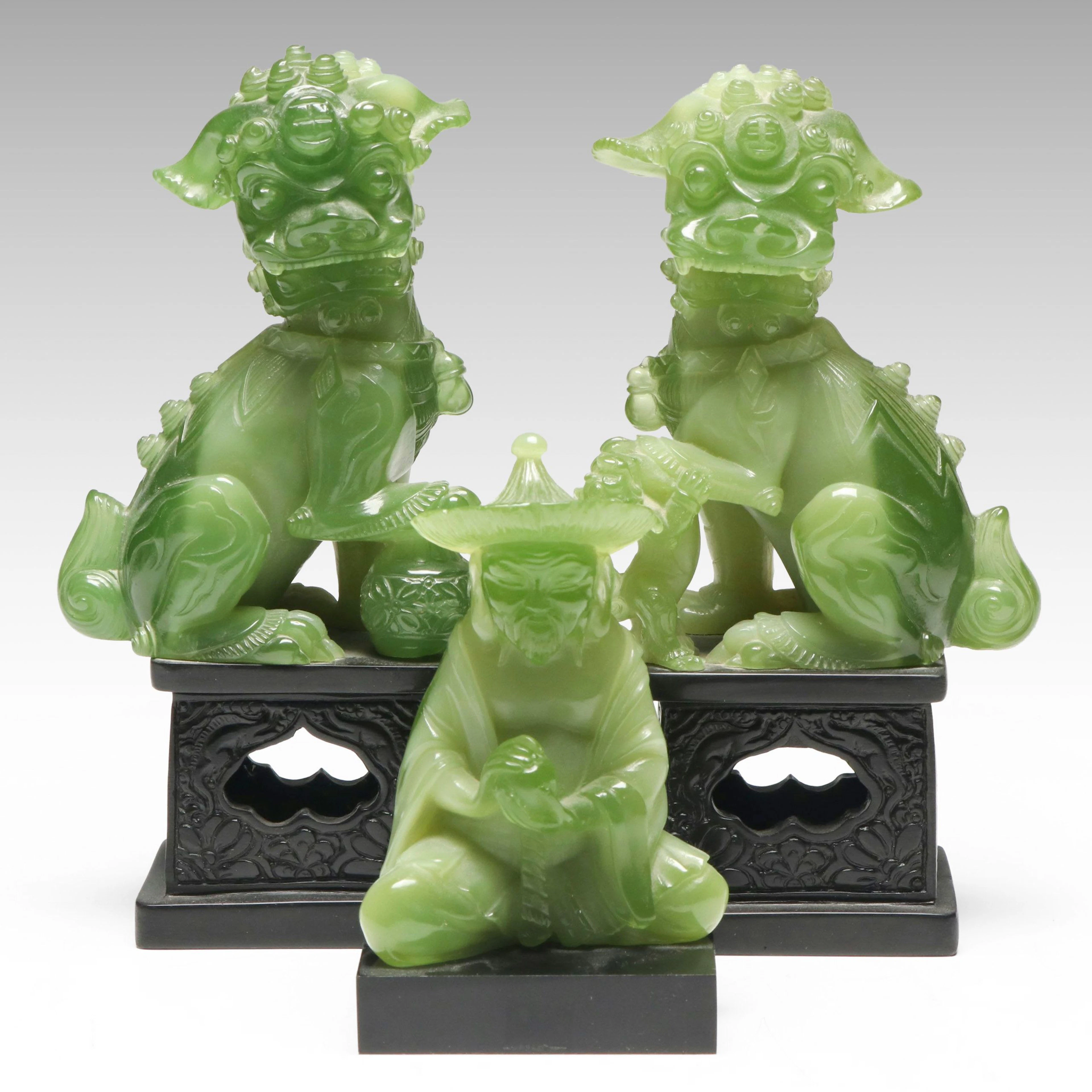 Wony Chinese Style Faux Jade Guardian Lions and Wise Man, Mid to Late 20th C.