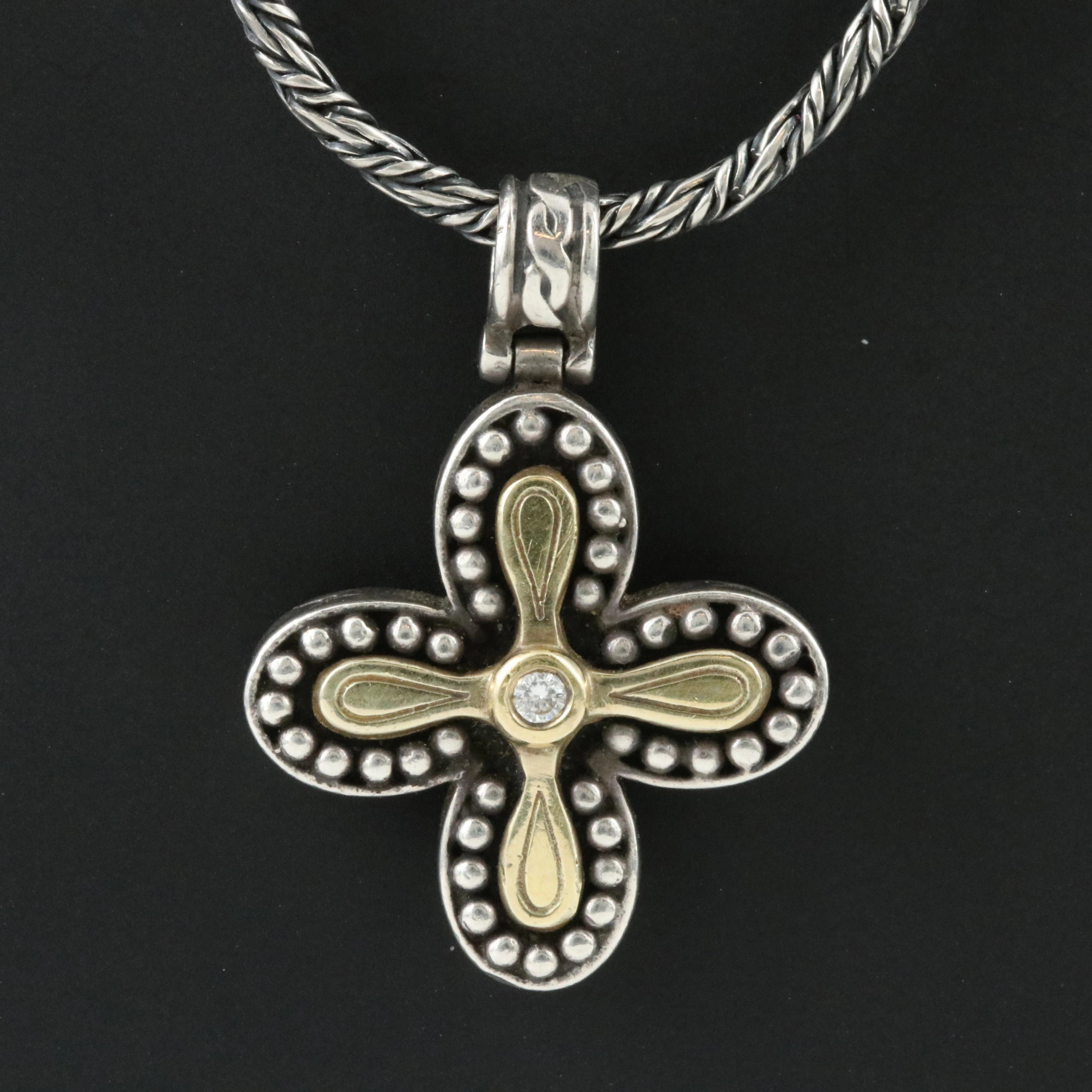 Konstantino Sterling and 18K Byzantine Cross Necklace with Diamond Accent