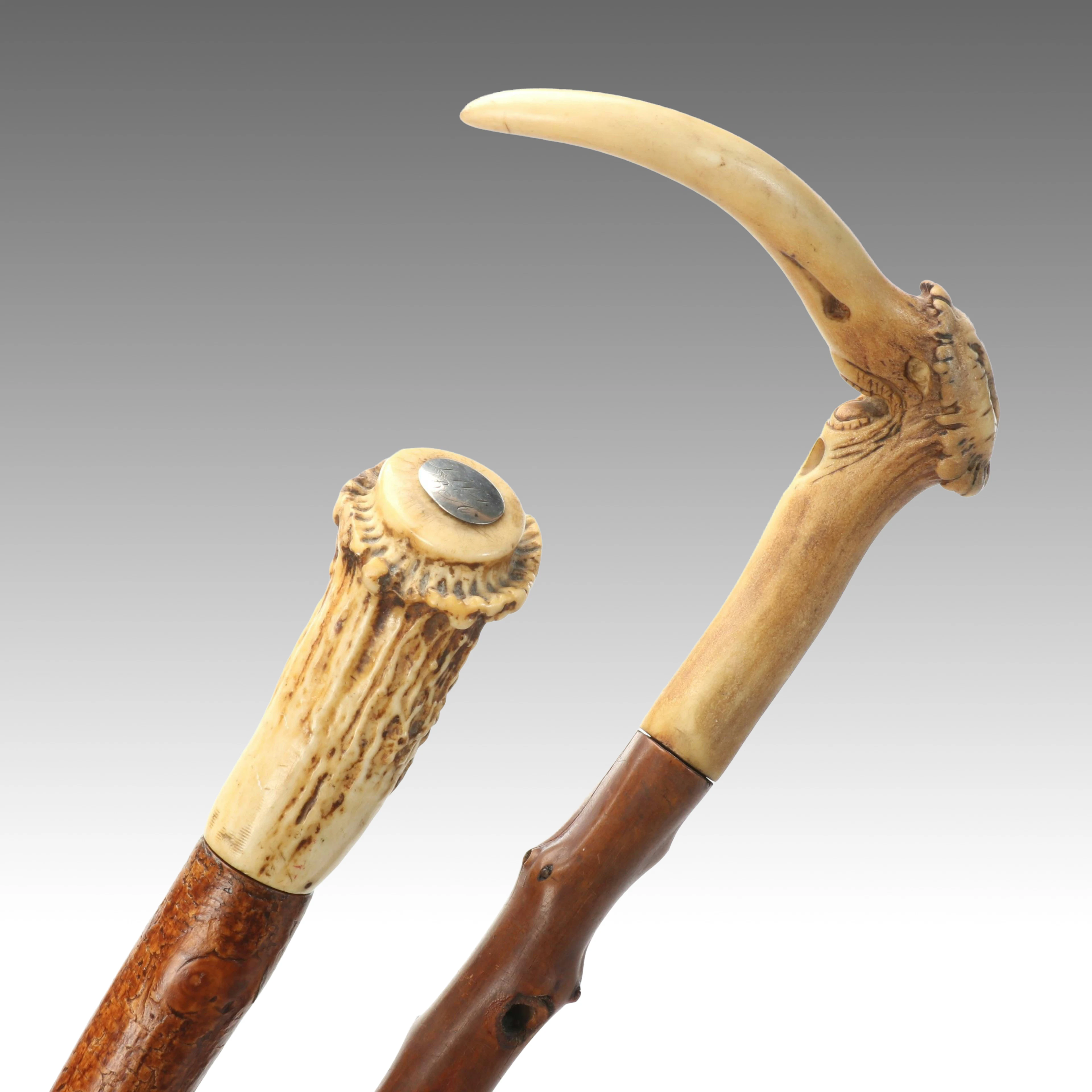Antique Carved Antler and Wooden Cane and Walking Stick