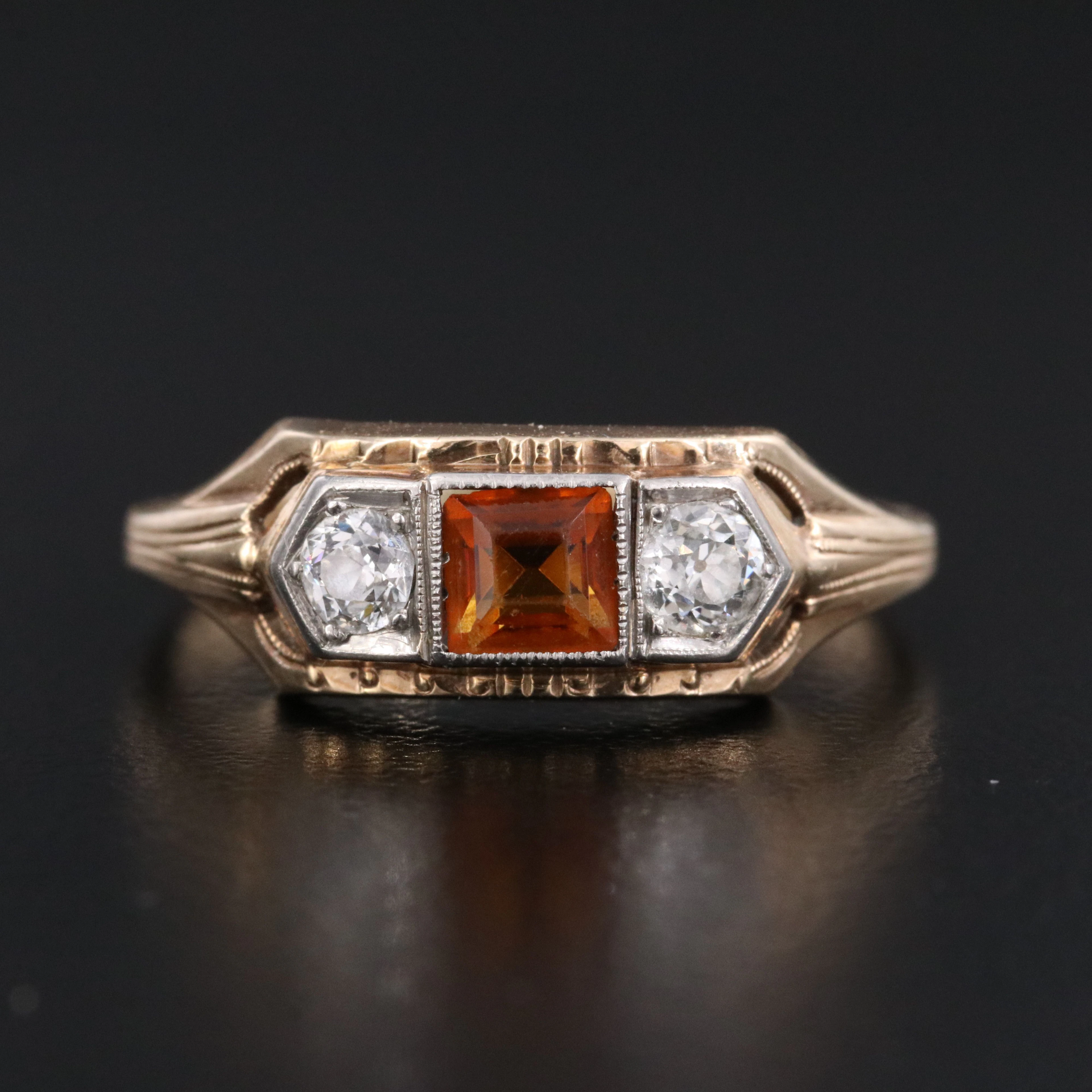 Art Deco 10K Citrine and Diamond Ring with Palladium Accent