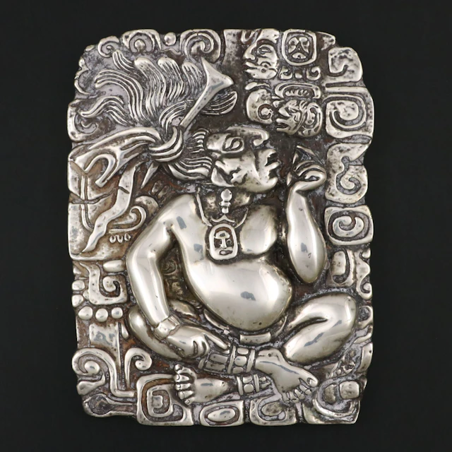 D'Argenta Pre-Columbian Style "Mayan King" Silver Plate Wall Plaque