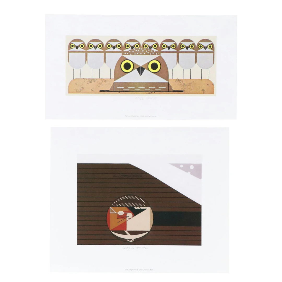 After Charley Harper Offset Lithographs "Cozy Chipmunk" and "Full House"