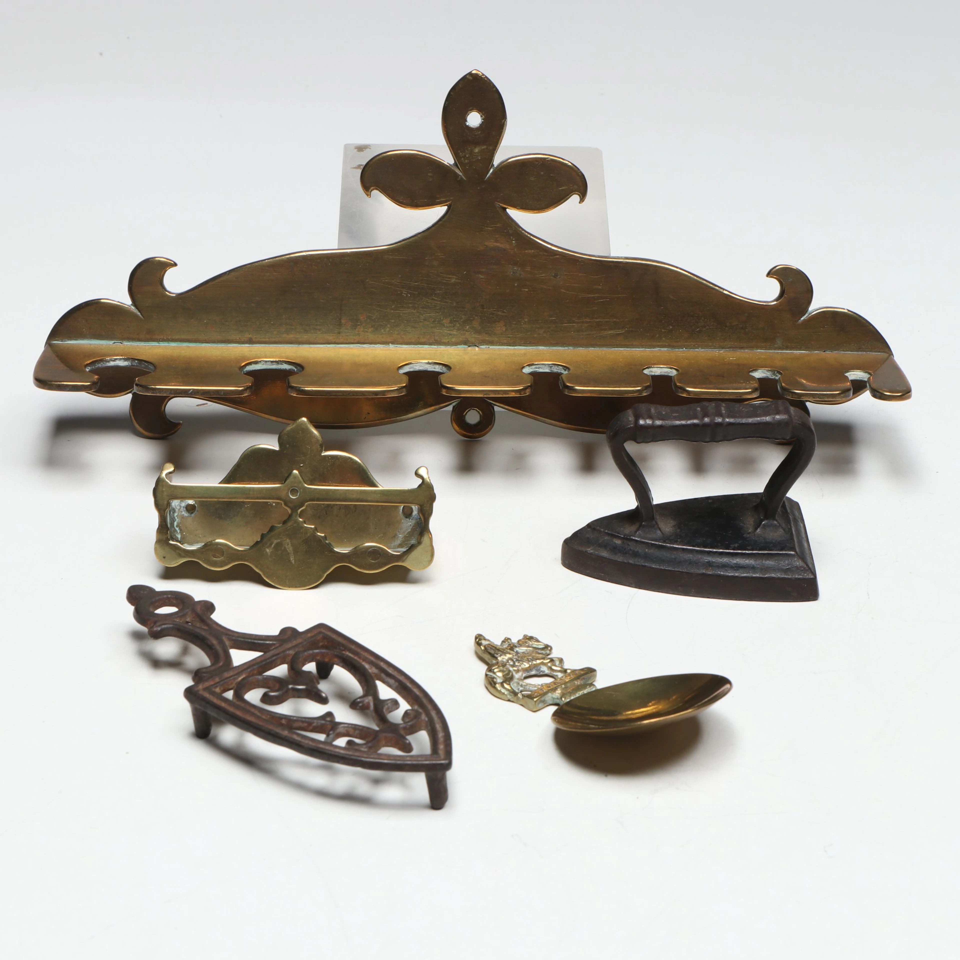 Vintage Brass Rack and Caddy Spoon with Miniature Brass and Cast Iron Figures