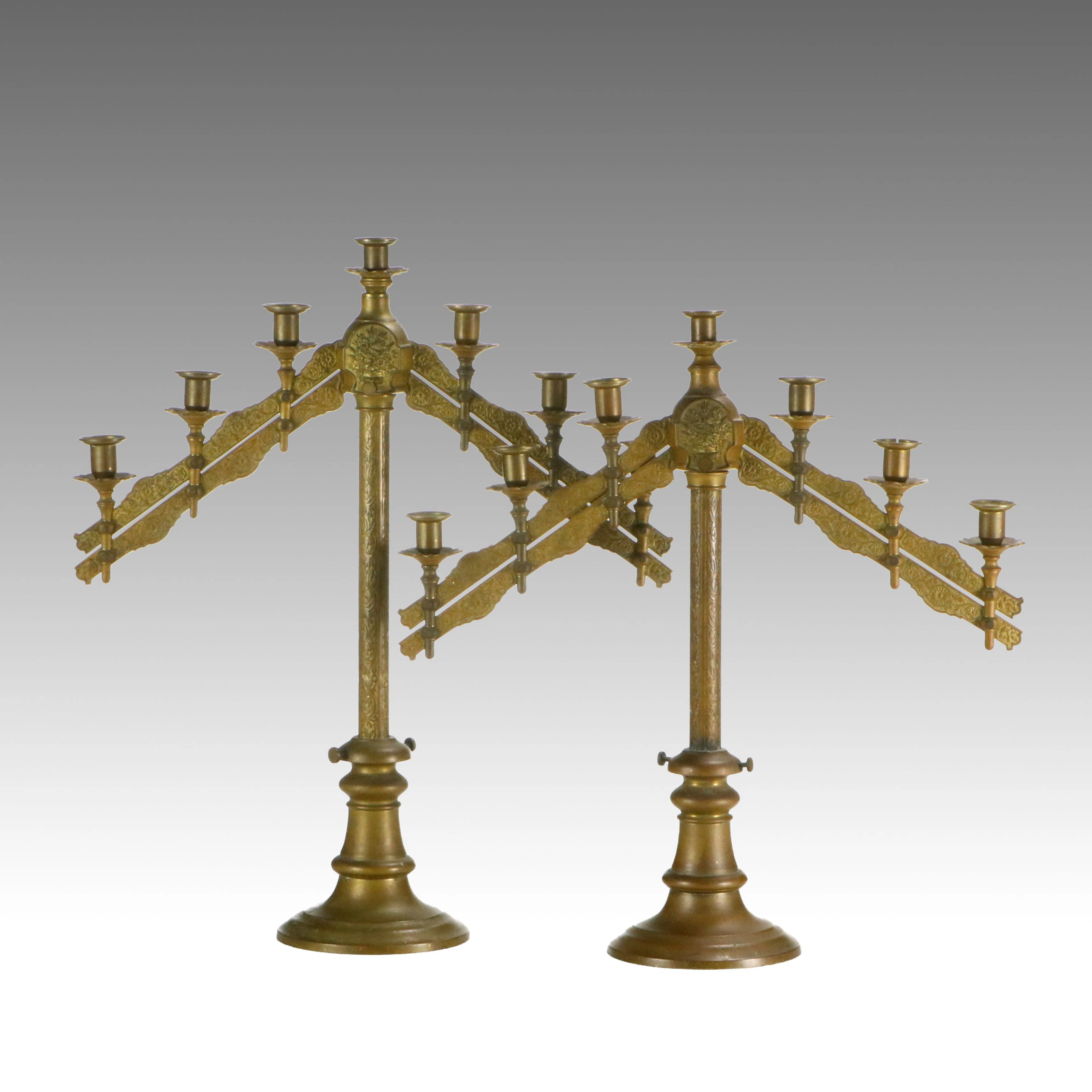 Gothic Style Brass Altar Candelabra Pair