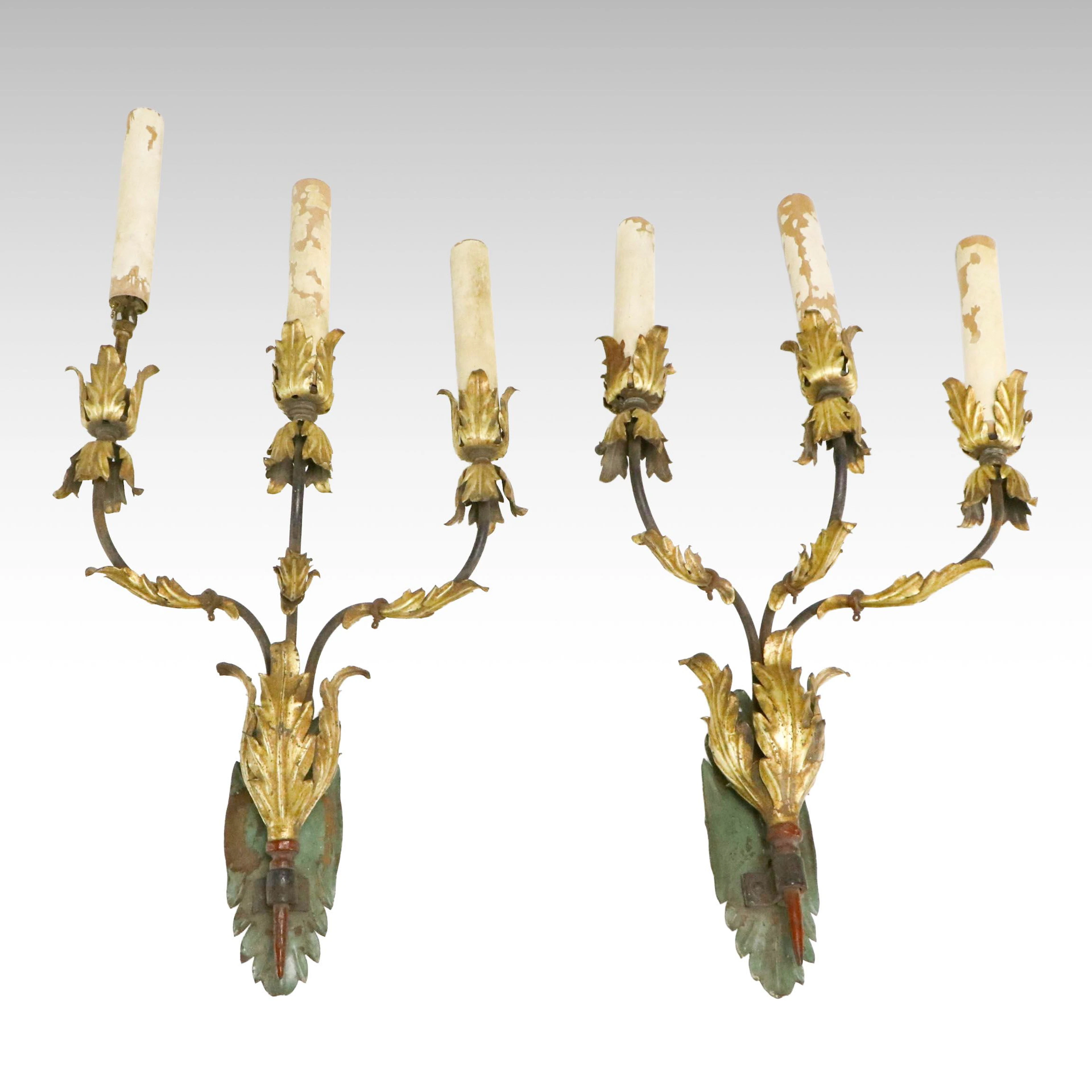 Italian Renaissance Style Polychrome and Gilt Metal Wall Sconce Pair