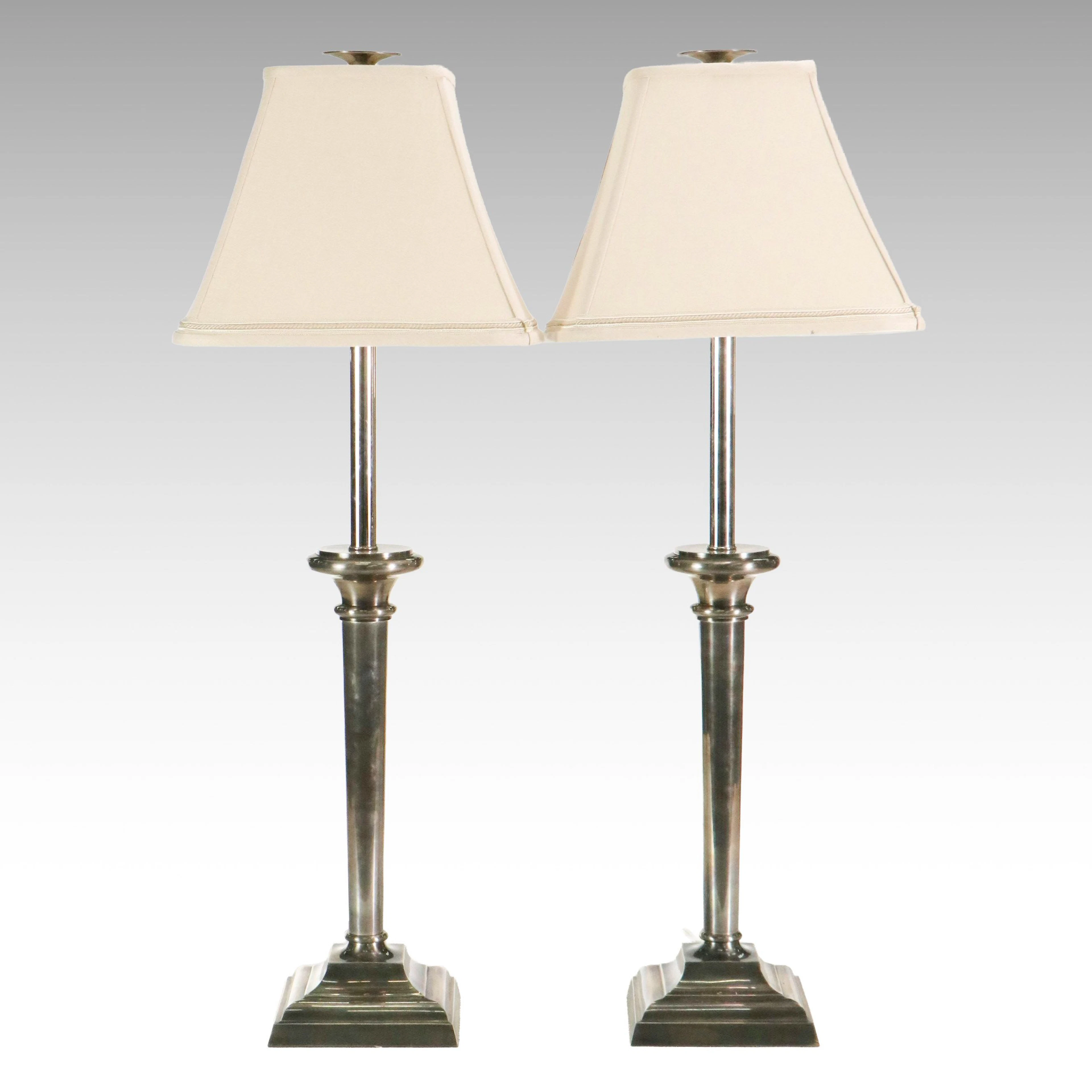 Pair of Chapman Nickel Table Lamps with Royal Knight Fabric Shades
