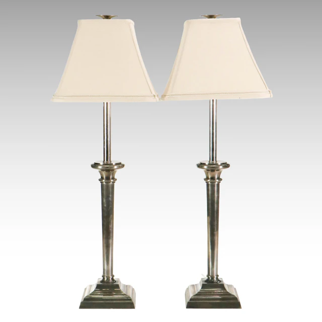 Pair of Chapman Nickel Table Lamps with Royal Knight Fabric Shades