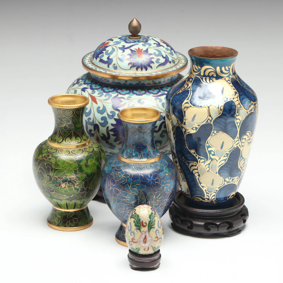 Chinese Floral Cloisonné Lidded Jar and Vases with More Décor