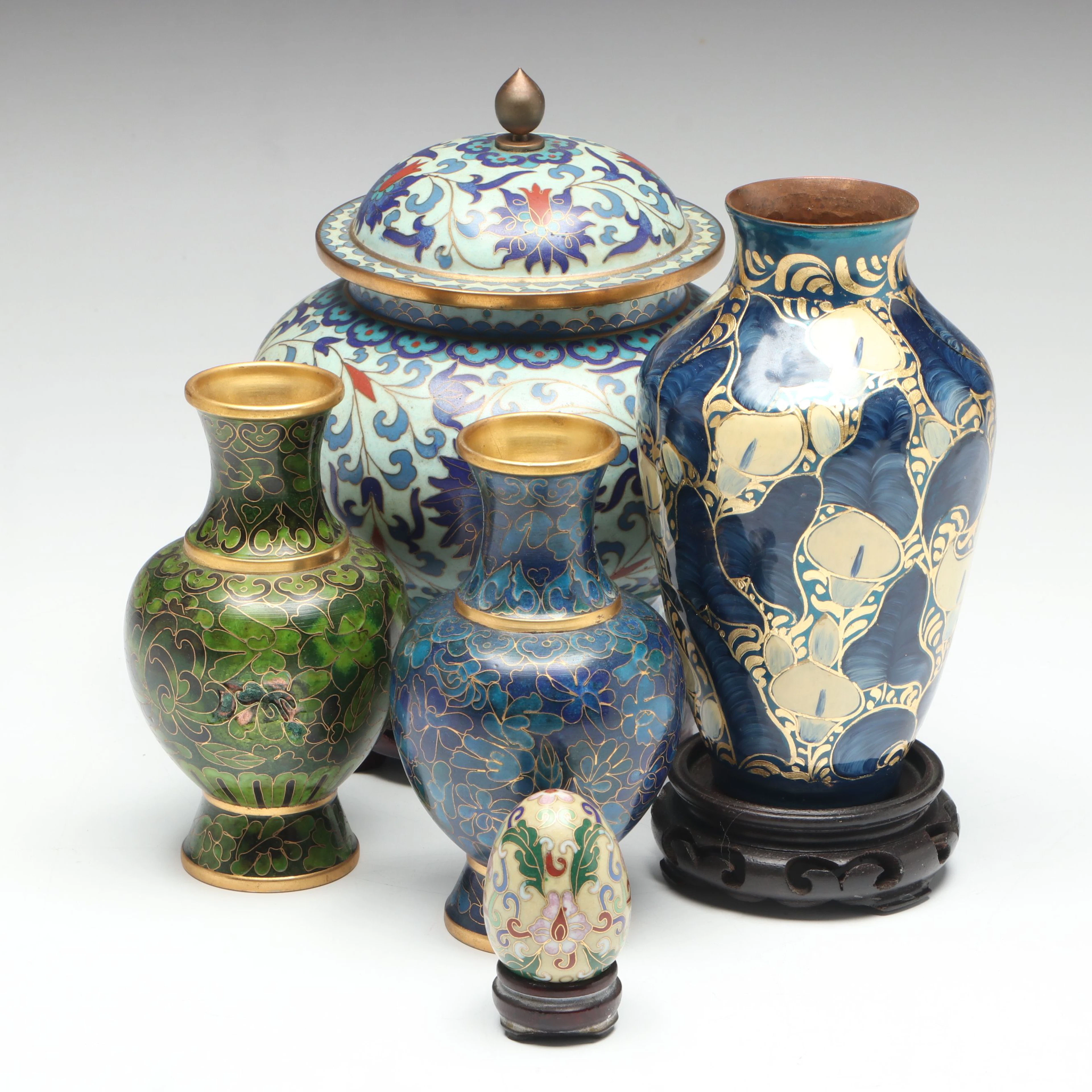 Chinese Floral Cloisonné Lidded Jar and Vases with More Décor